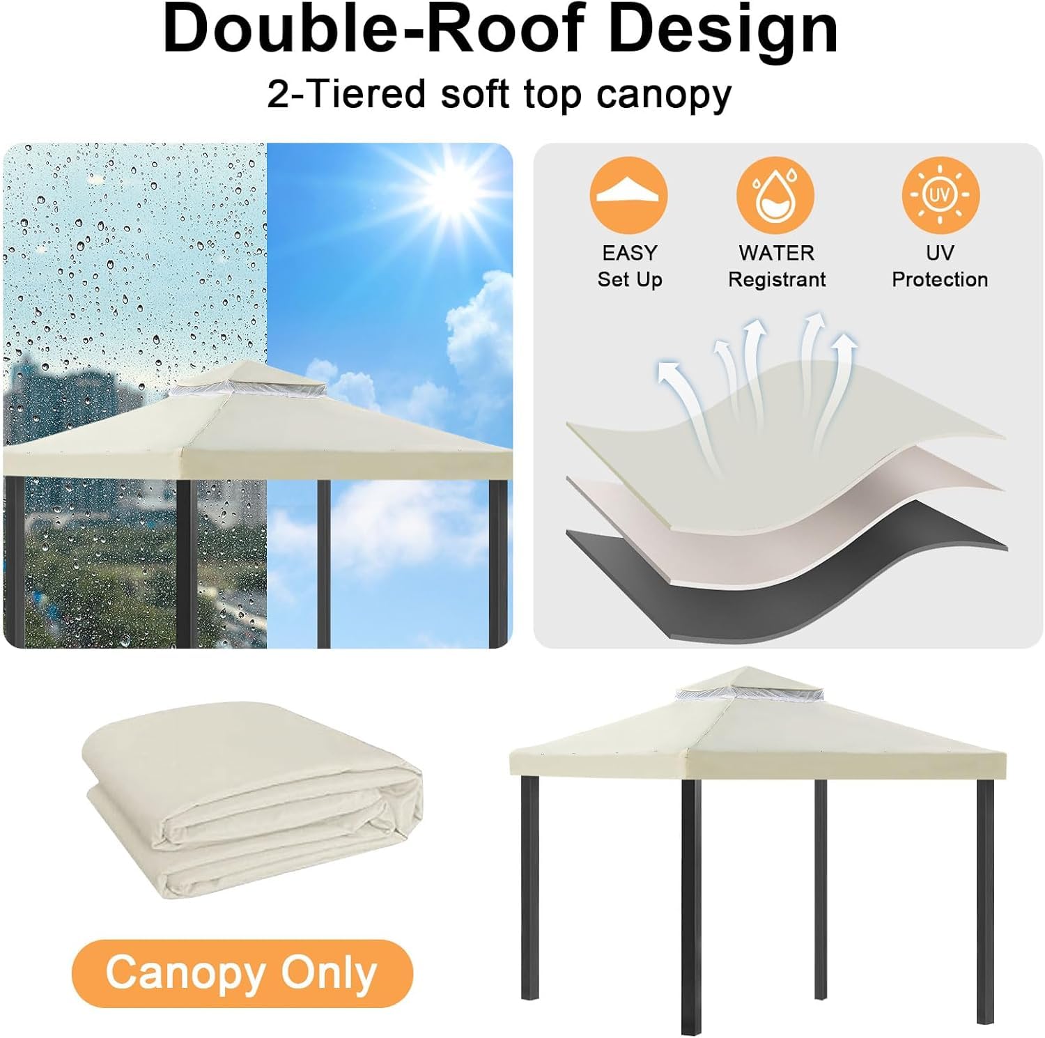 OKYUK Tetto di Ricambio per Gazebo, Impermeabile con Doppio Tetto, Protezione UV e Angoli Rinforzati per Gazebo da Giardino, Copertura per Caffè Elegante e Resistente((3 x 3 m，Beige)