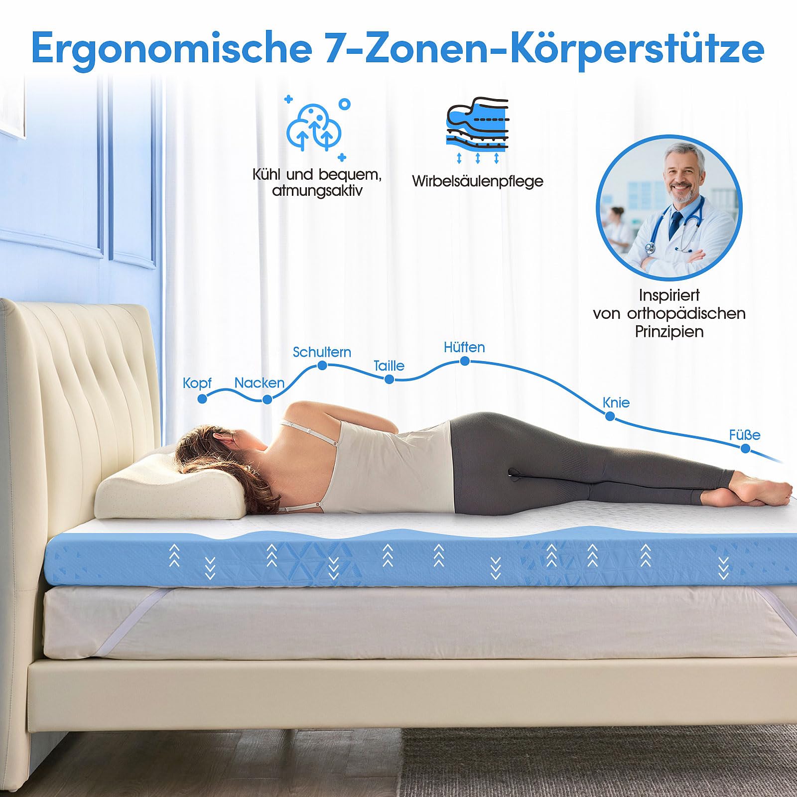 Topper 180x200cm H5/H6 Hart aus 7cm – 3D Tencel-Bezug, Gel & Bambuskohle-Memory-Schaum, 7-Zonen Rückenunterstützung, Waschbar, Hygienisch, für Boxspringbett & Schlafsofa, Oeko-TEX & CertiPUR-US