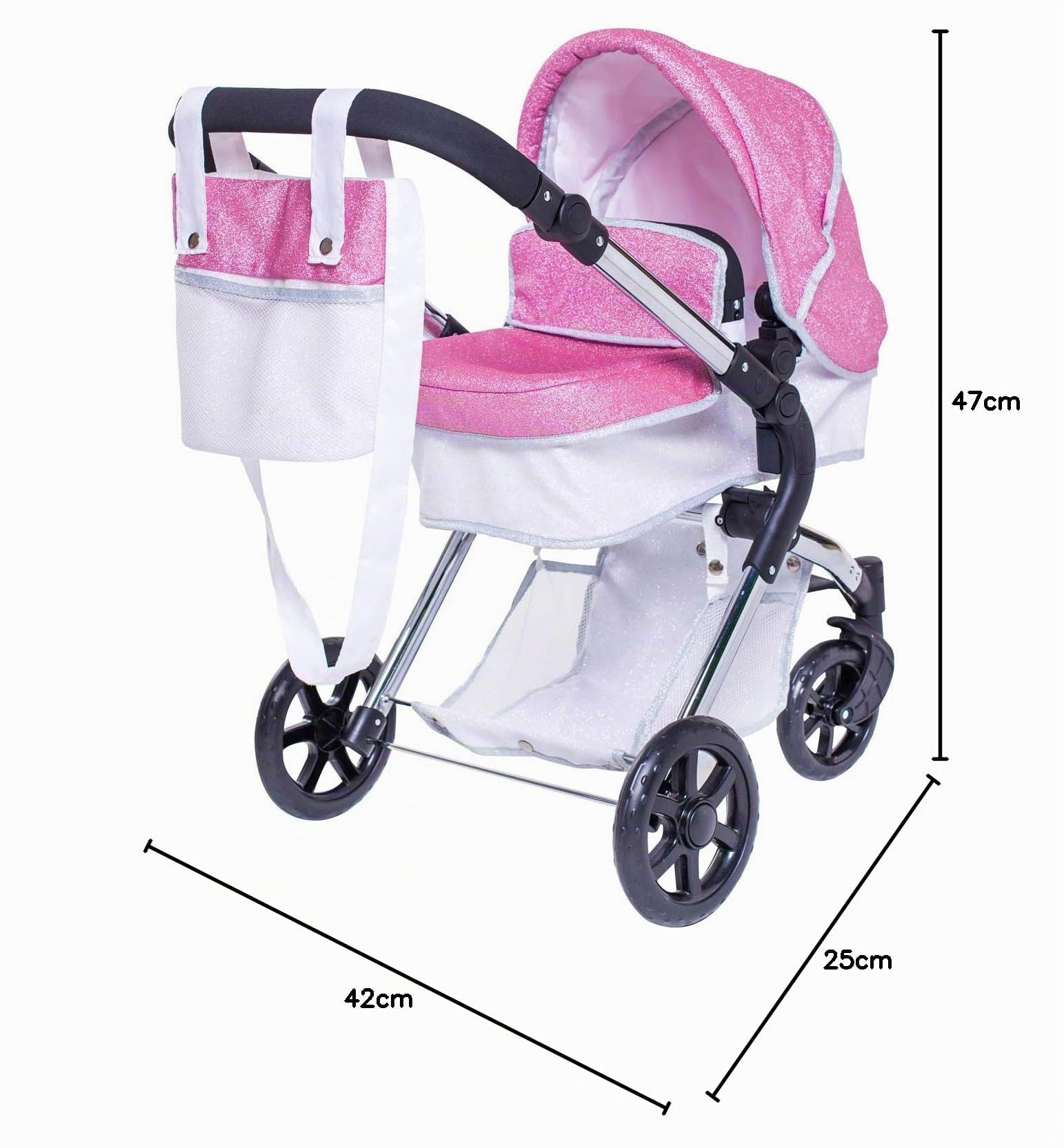 Poussette Roma Stephanie Sparkle pour poupées de 3 à 9 Ans, Poussette Rose 2 en 1 avec siège ou nacelle, Pliable pour poupée de 40 cm, idéale pour Les bébés reborns.