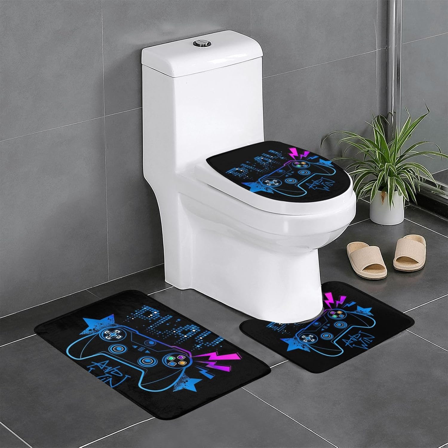 Video Gamer Video Game Blue Flannel Bath Mat Set 3-Piece - Bathroom Rug, Toilet Seat Cover & Tub Mat | Cloud-Like Softness