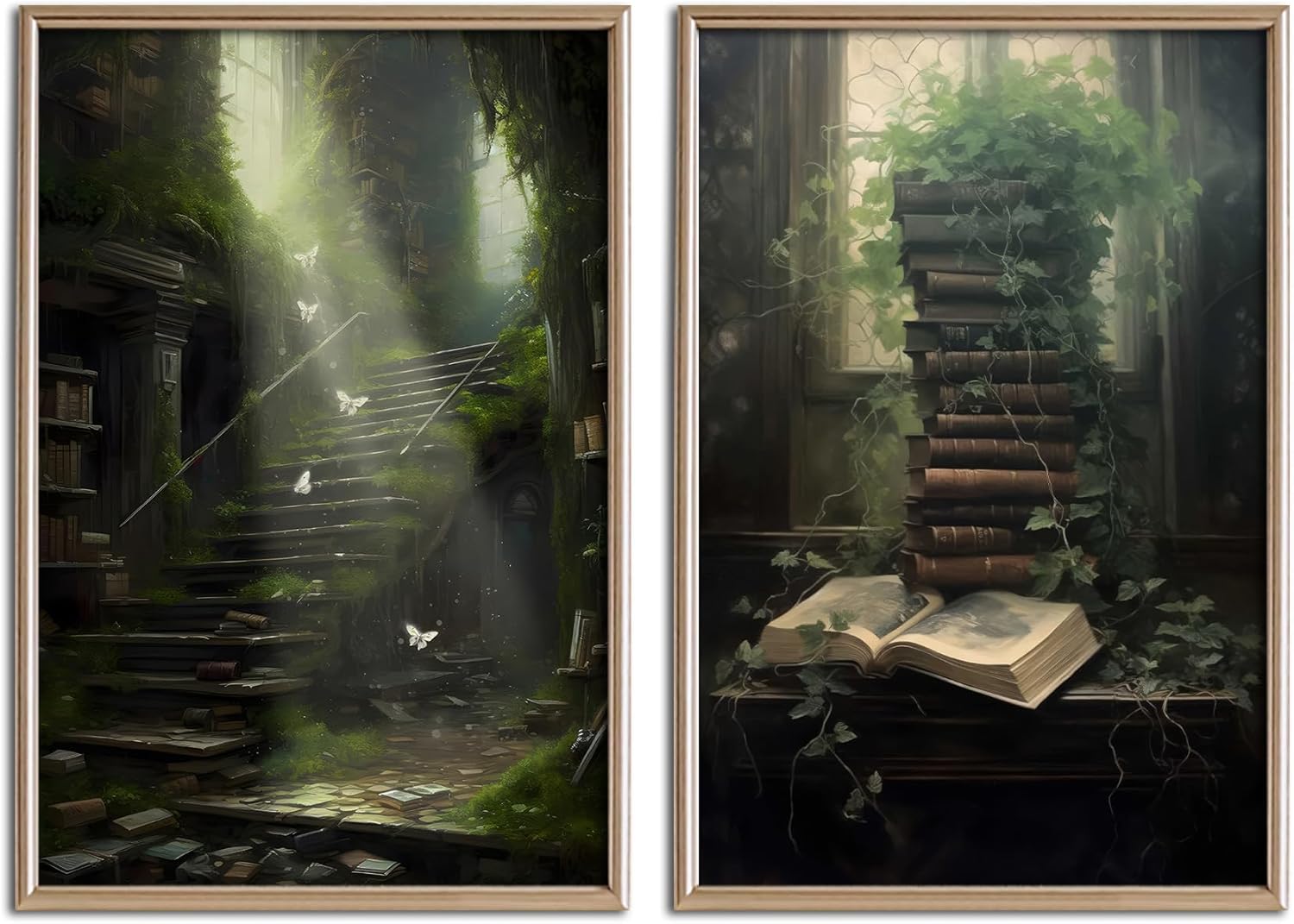 2Pcs Dark Academia Canvas Wall Art Vintage Moody Book Green Botanical Cottagecore Posters Prints Victorian Gothic Aesthetic Gallery Library Room Decor Pictures 12x16in