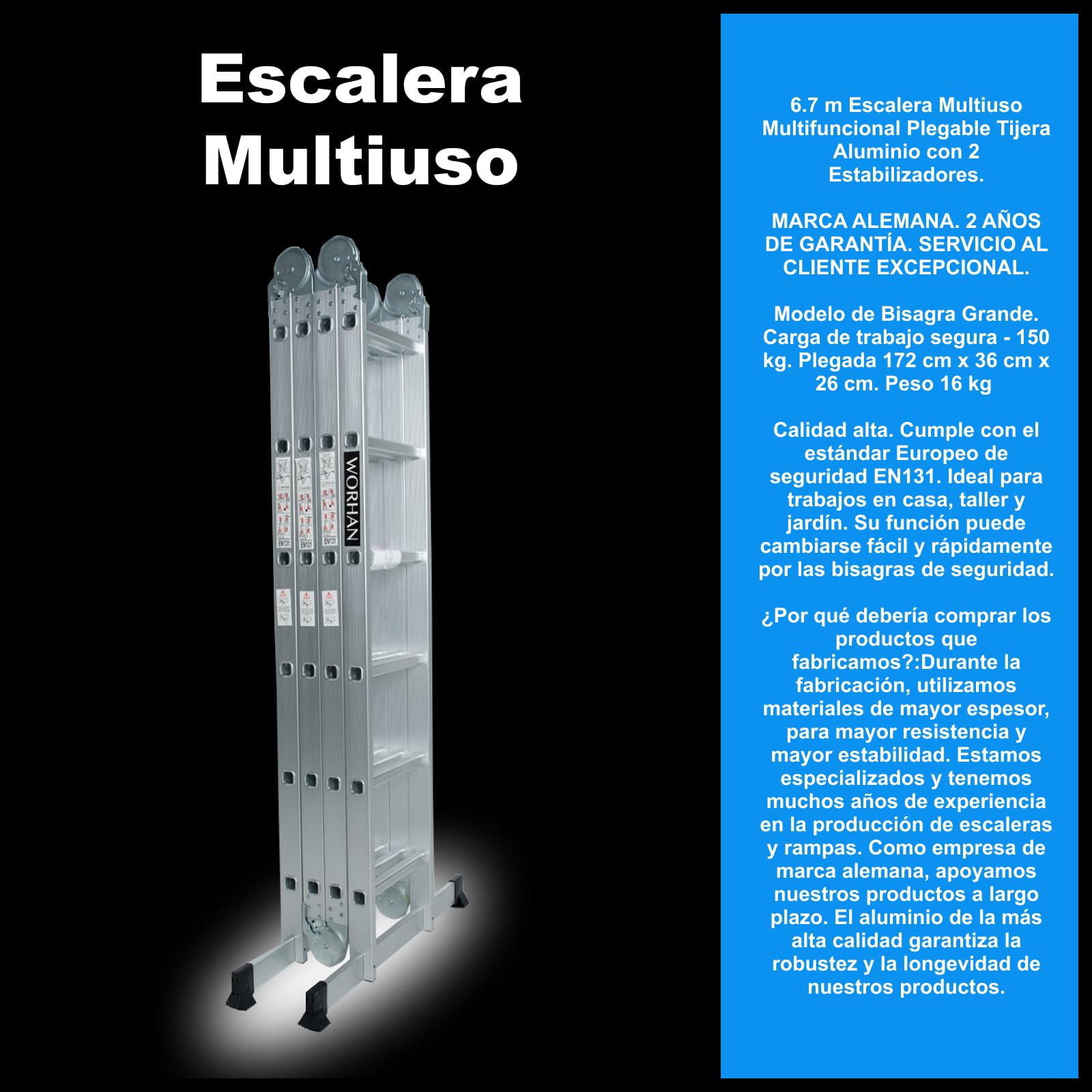 6.7m Escalera Multiuso Multifuncional Plegable 670cm Tijera Bisagra Grande Aluminio con 2 Estabilizadores Nueva Generación Calidad Alta KS6.7
