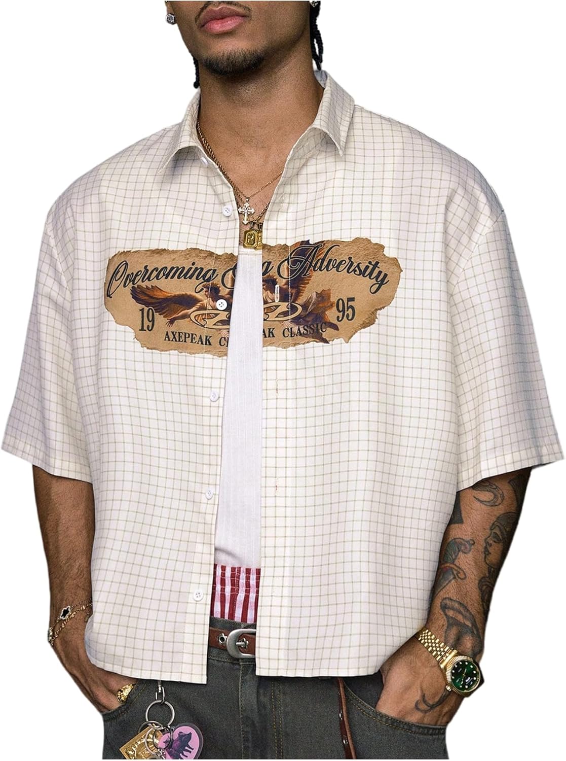 GORGLITTER Men's Plaid Cropped Shirts Button Down Up Graphic Flap Short Sleeve Collar Tops Casual Vintage