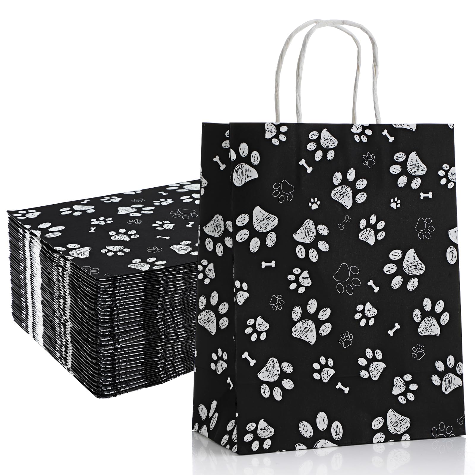 Locmeo 50 Pack Dog Paw Kraft Paper Gift Bags with Handles, Black