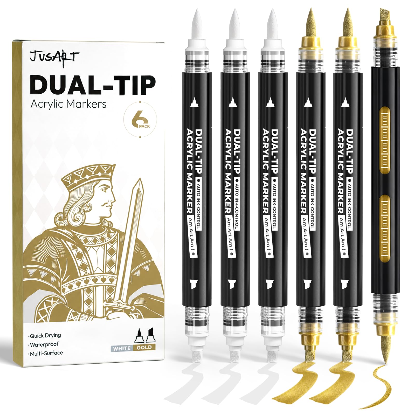 6 White &amp; Gold Acrylic Paint Markers, Dual Tip Markers for Drawing