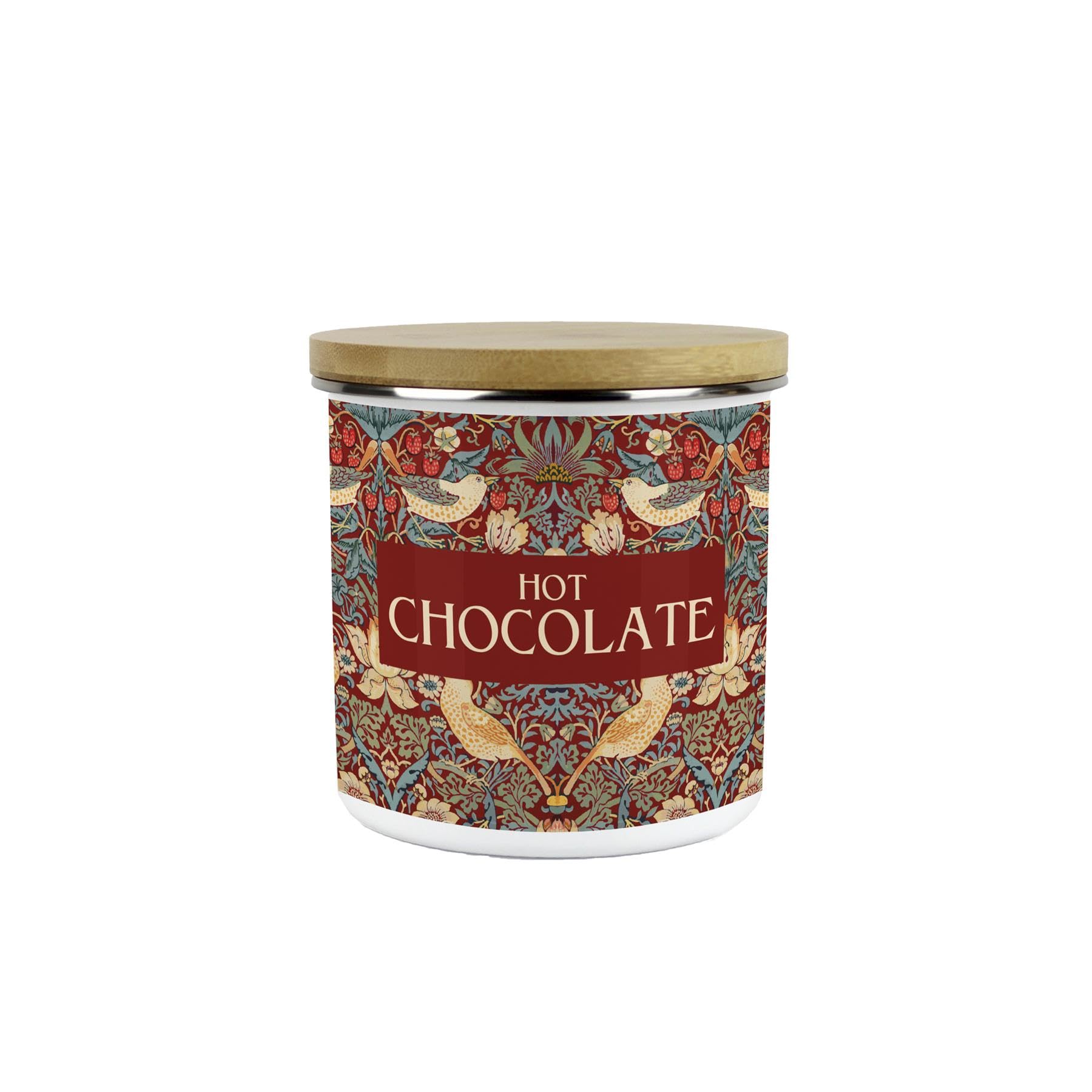 Purely Home Red Strawberry Thief Hot Chocolate Storage Canister - Morris Inspired Tapestry Artwork Homeware Gifts - Medium Metal Enamel Kitchen Hot Drinks Storage Container 600ml
