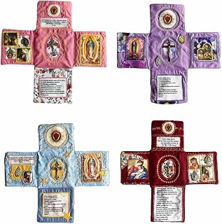 Handcrafted Pocket Devotional – Faith Edition, Prayer Quilt with Silver Cross Inside, Handmade Embroidered Catholic Pocket Shrine, Foldable Scripture Fabric Pouch for Remembrance Christian Gift(4pcs)