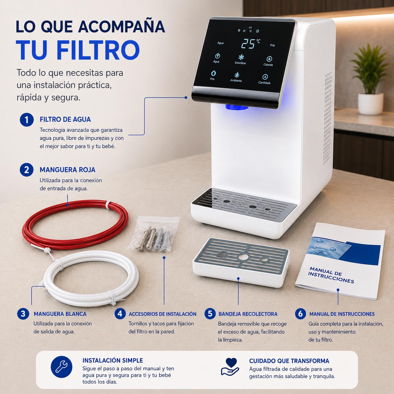 Filtro Dispensador de Agua Fría, Caliente y Natural, Purificador de Agua sin Garrafón, Filtro de 2 Etapas, Esterilización UV, de Sobremesa.