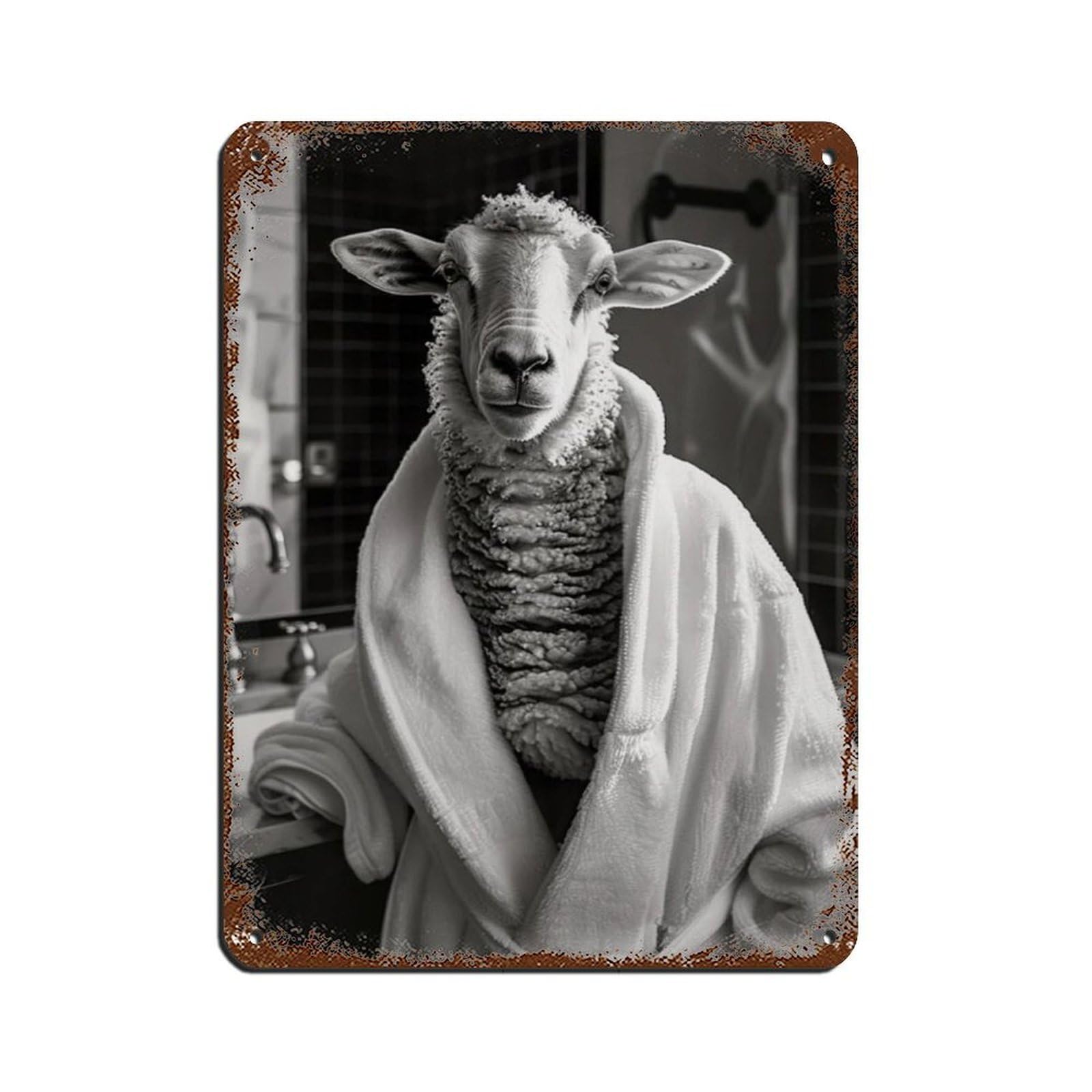 Sheep in A Bathrobe, Funny Bathroom Art Retro Poster Metal Tin Sign Chic Art Retro Iron Painting Bar People Cave Cafe Family Garage Poster Wall Decoration 12x16inch(30x40cm)