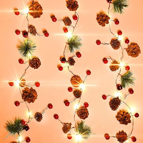 Miniatura 1 de Rocinha Paquete de 2 guirnaldas de Navidad con luces  7.2 pies 20 luces LED de pino rojo bayas, funciona con pilas para chimenea, decoración de