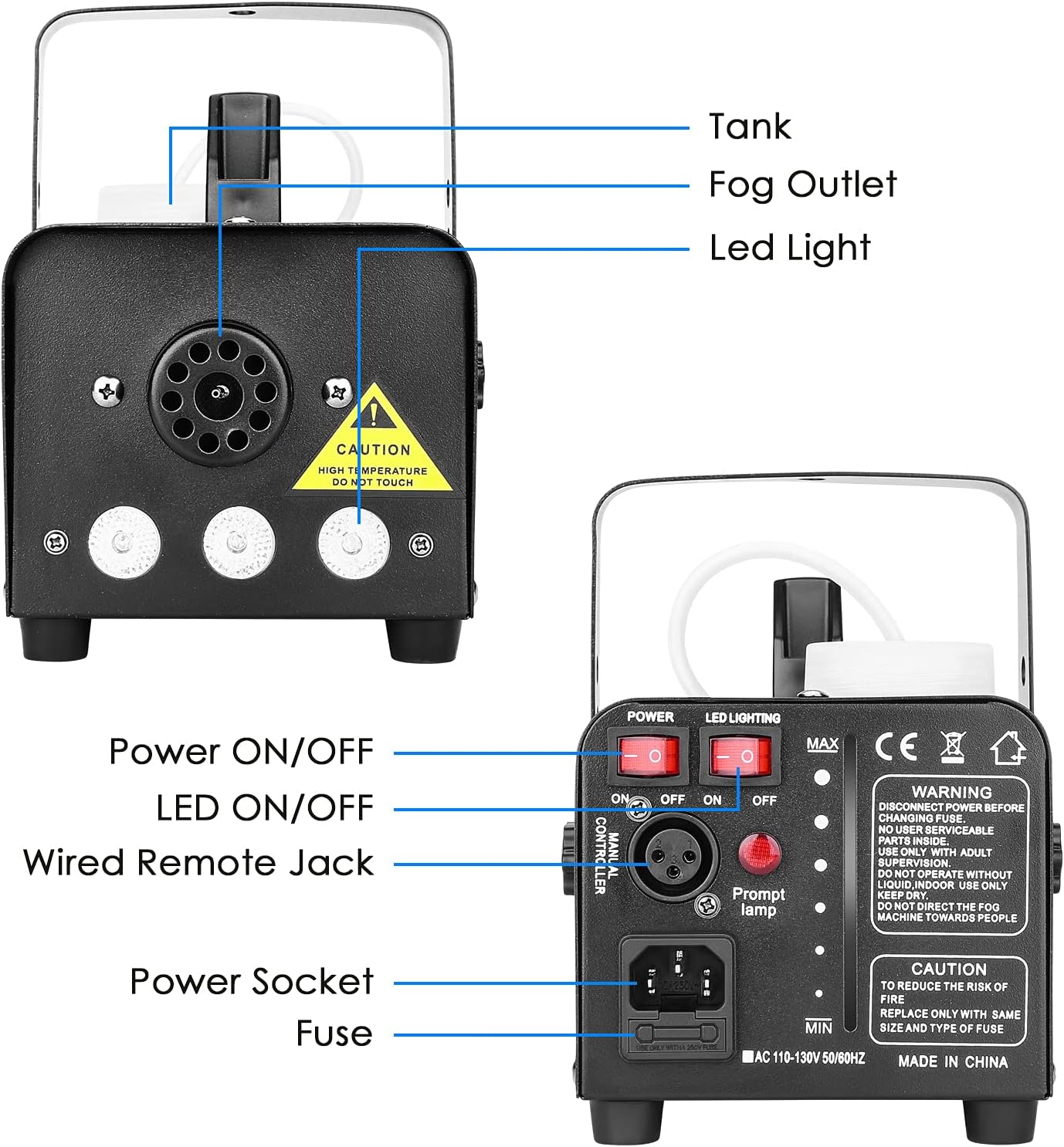 Smoke Machine, AGPTEK Fog Machine with 13 Colorful LED Lights Effect, 500W and 2000CFM Fog with 1 Wired Receiver and 2 Wireless Remote Controls, Perfect for Wedding, Halloween, Party and Stage Effect : Musical Instruments