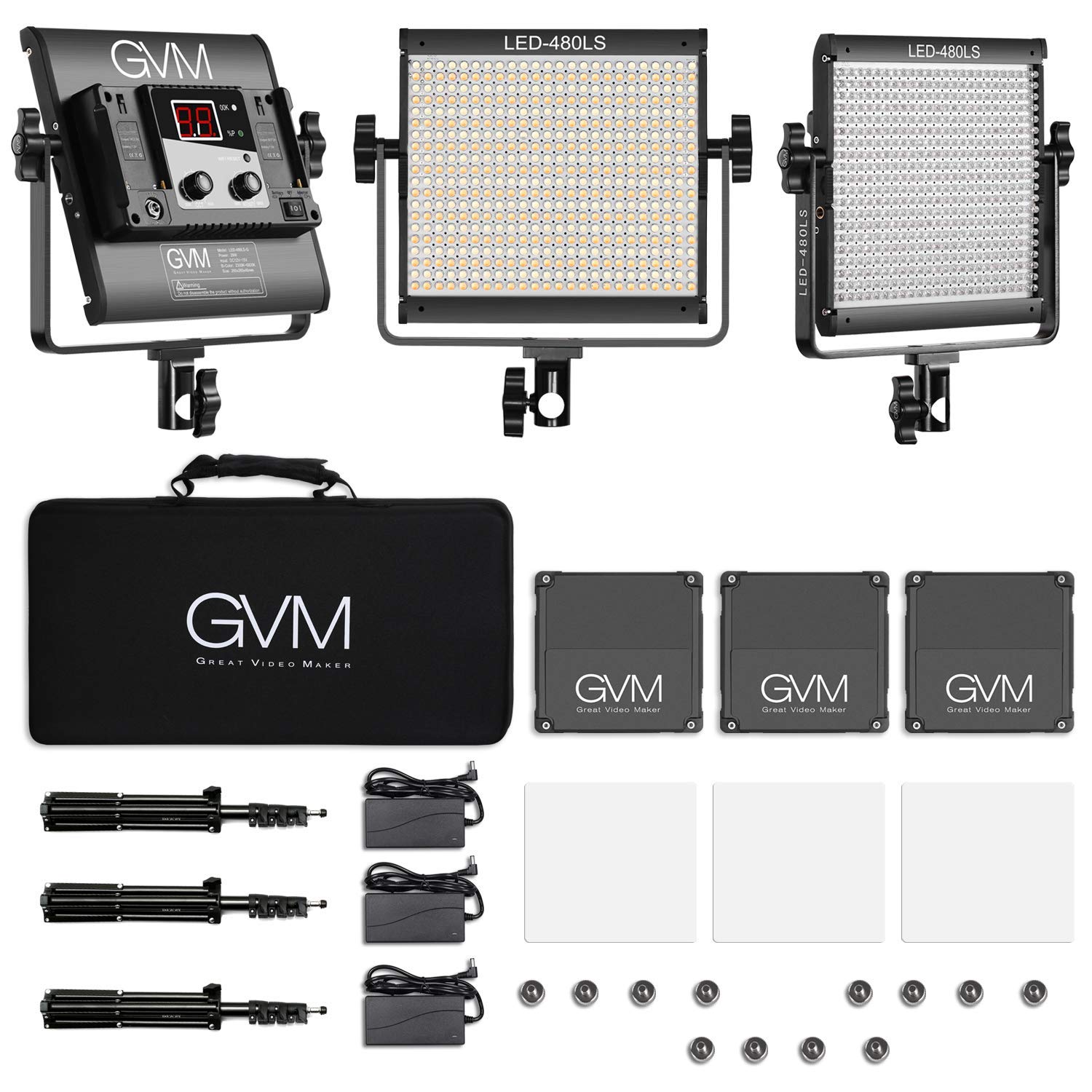 GVM - Lampada per video a LED con treppiede, controllo tramite app, 480 LED, per YouTube Studio, set di luci video, pannello a LED bicolore CRI97, 2300 K-6800 K (confezione da 3)