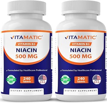 Vitamatic Niacin Vitamin B3 500mg, 240 Tablets - Non-GMO & Gluten Free- 480 Tablets Pack of 2