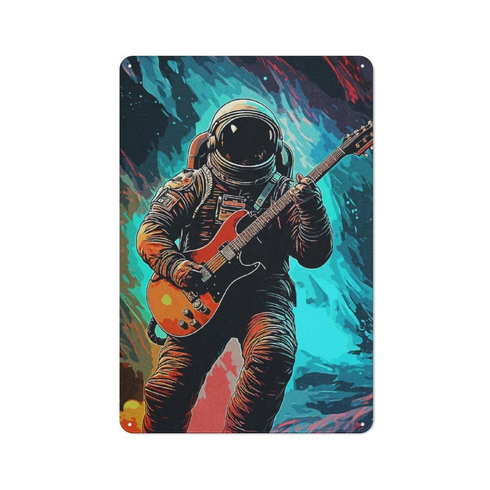 Junmoney Guitarist Astronaut Decorative Metal Plaque With Design 30X20cm, Modern Retro Studio Wall Art For Workspace, Cafe, Hallway Or Garage