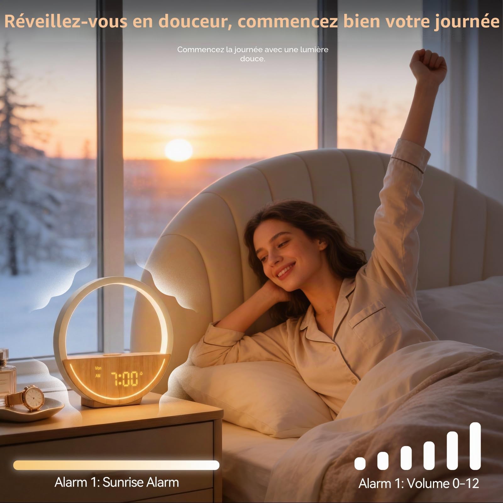 RETEYUNG Lampe de Chevet et Réveil Simulateur d'Aube, Veilleuse Tactile avec Charge USB, 20 Sons Relaxants & Bruits Blancs, Double Alarme pour Semaine/Week-End, Réveil Lumineux pour Gros Dormeurs