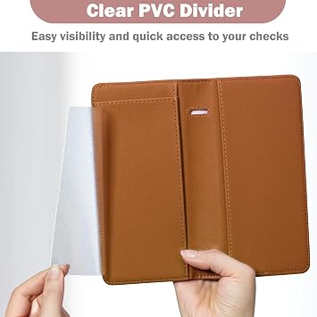 Checkbook Cover with Elastic Band - Premium Leather Clear PVC Divider Durable, Compact, and Multi-Functional Holder Wallet Case for Man and Woman, Litchi - Brown