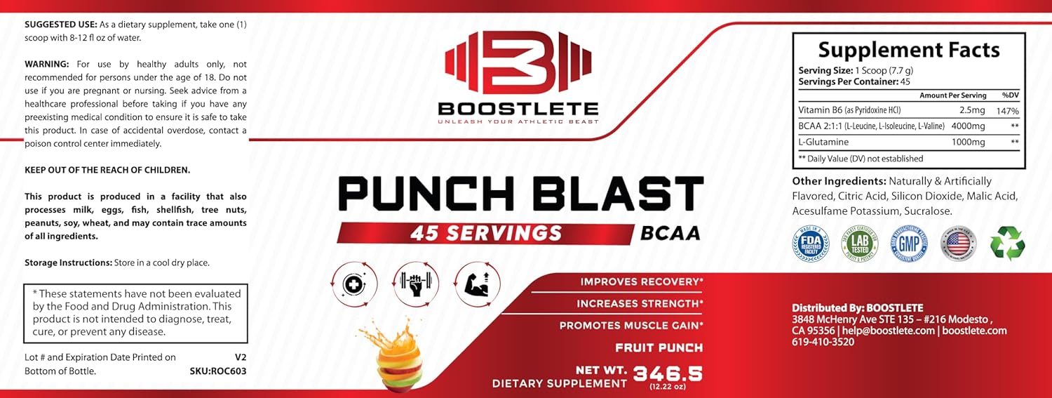 Punch Blast BCAA Powder – Fruit Punch Flavor – Intra Workout Amino Acids with Glutamine & Vitamin B6 – 45 Servings – Muscle Recovery & Strength Support Supplement