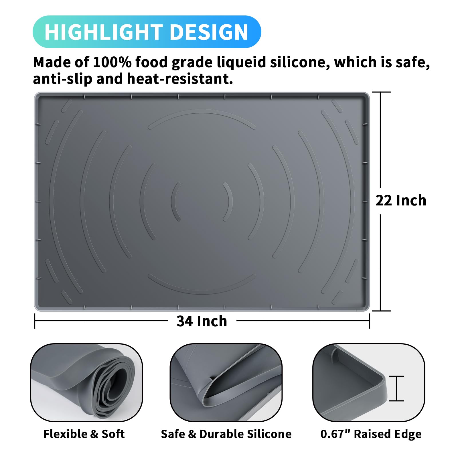 Miokok Under Sink Mat, 34" x 22" Waterproof Kitchen Mat, Flexible Silicone Cabinet Protector Tray for Bottom of Kitchen & Bathroom, Grey, Solid 2
