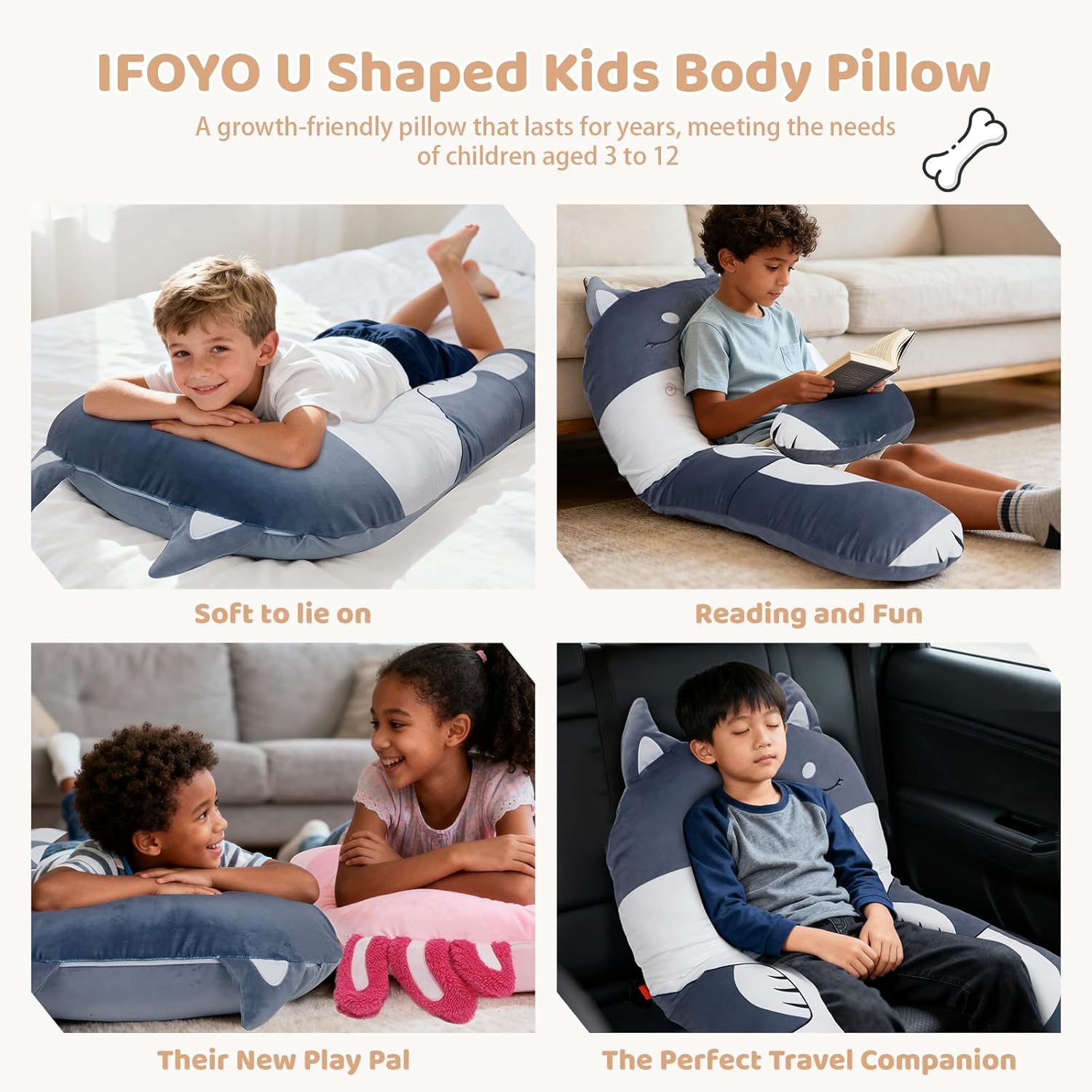 IFOYO Dog U Shaped Kids Body Pillow, 43" Minky Kids Full Body Pillow for Sleeping, Reading, ADHD & Sensory Relief, Kid Animal Cuddle Pillows Washable Cover, Snuggle Fun Hug Gift for Boys & Girls