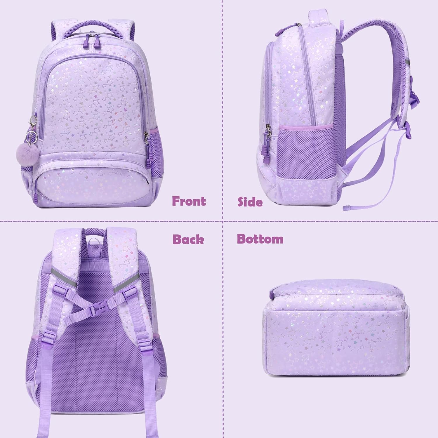 Purple Backpack for Girls, Fluffy School Girls Bookbag with Plush Pendant for Preschool Kindergarten Elementary