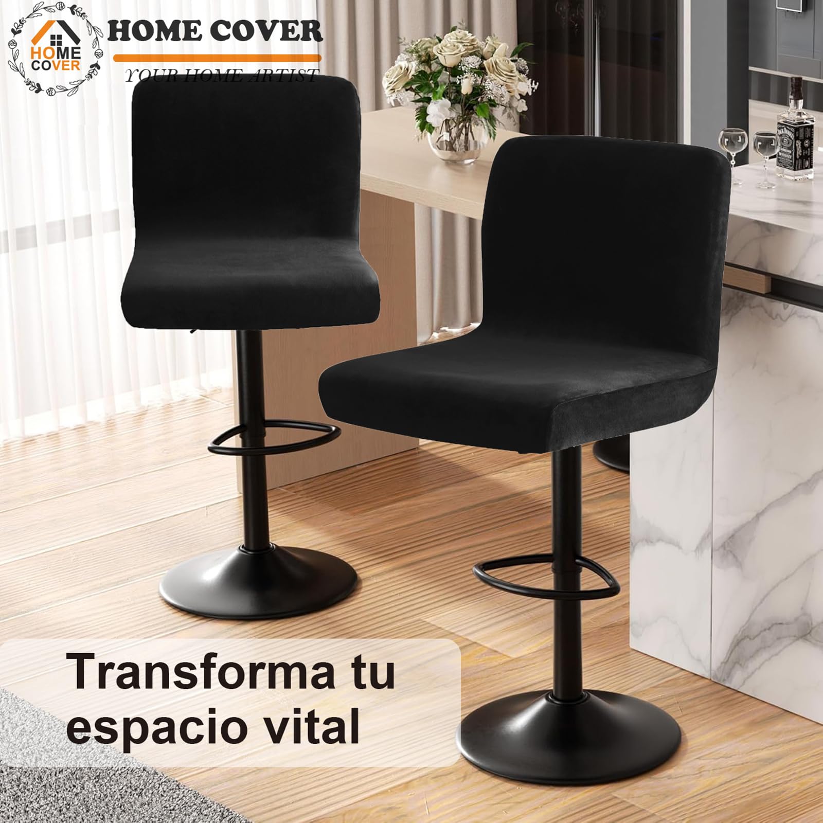 Fundas para Taburetes De Bar con Respaldo, Elástica Terciopelo Fabric Fundas para Taburetes Altos De Cocina Extraíble Respaldo Bajo Giratorio Fundas para Sillas-Negro-4 Piezas