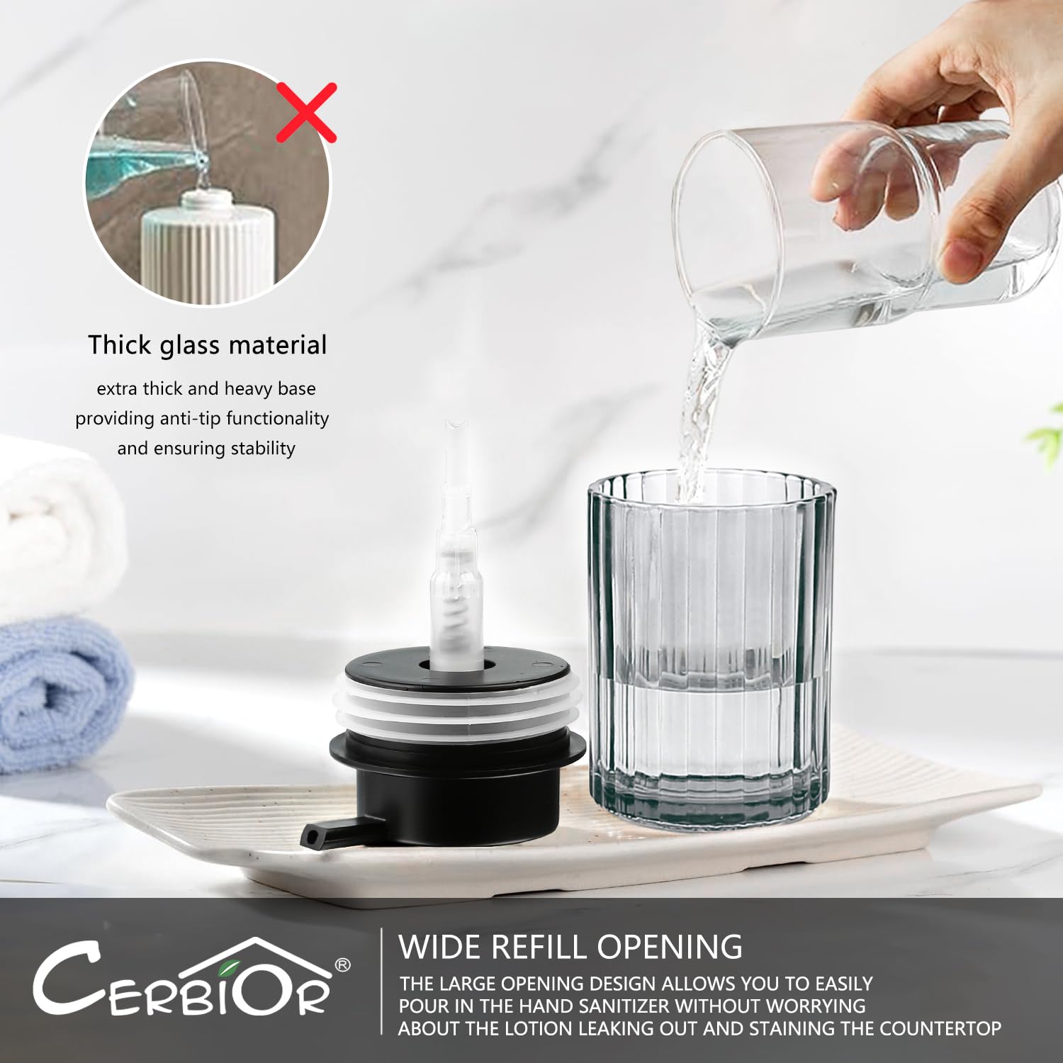 CERBIOR Juego de accesorios de baño, 4 piezas de accesorios de vidrio, incluye dispensador de jabón, soporte para cepillo de dientes, taza para cepillo de dientes, jabonera para encimera decorativa y