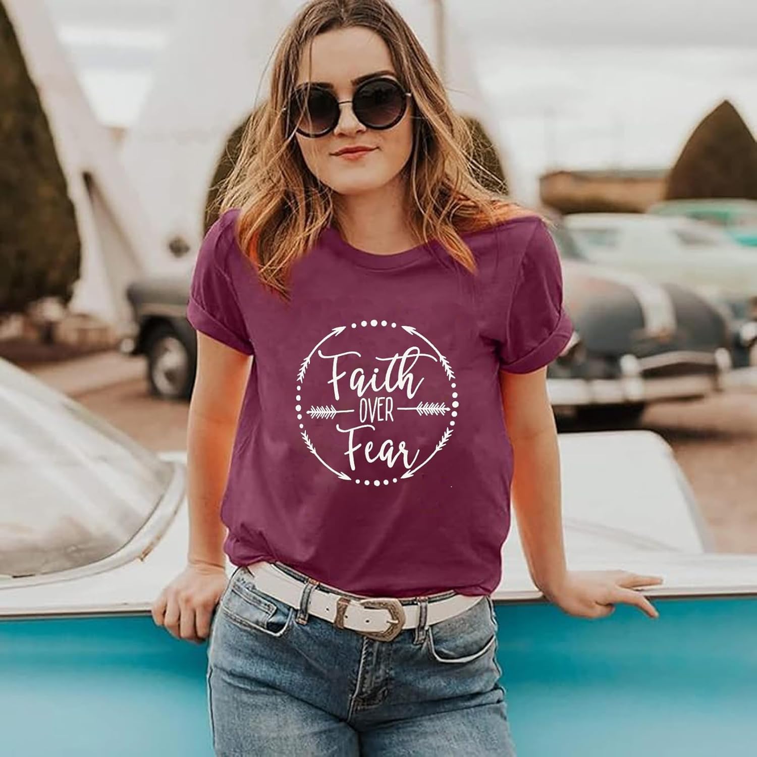 Faith Over Fear Arrow Letters Print T Shirt Women Short Sleeve V Nece Christian Tops Tee Blouse - Image 5