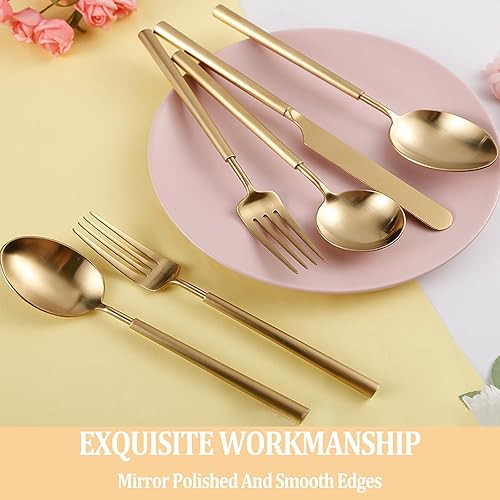 Miniatura 5 de Juego de cubiertos dorados mate de 20 piezas, acero inoxidable 1810 para 4, cubiertos dorados gruesos y resistentes con mango redondo, juego de