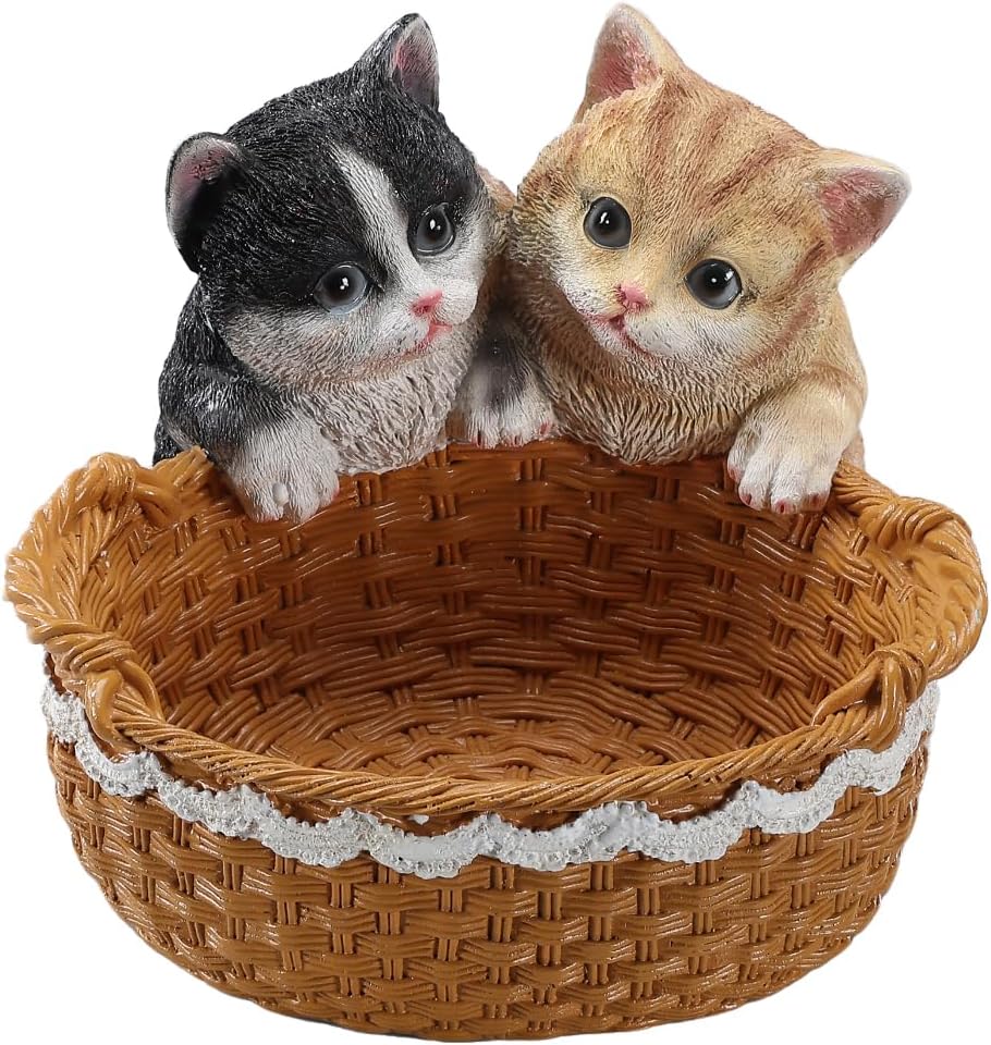 Tuxedo & Orange Tabby Cat Storage Basket, Resin Cat Toy Bin with Handles, Cute Black White Cat & Ginger Cat Face Organizer for Laundry, Books, Shelves – 1.7 LBS, Black/White & Orange