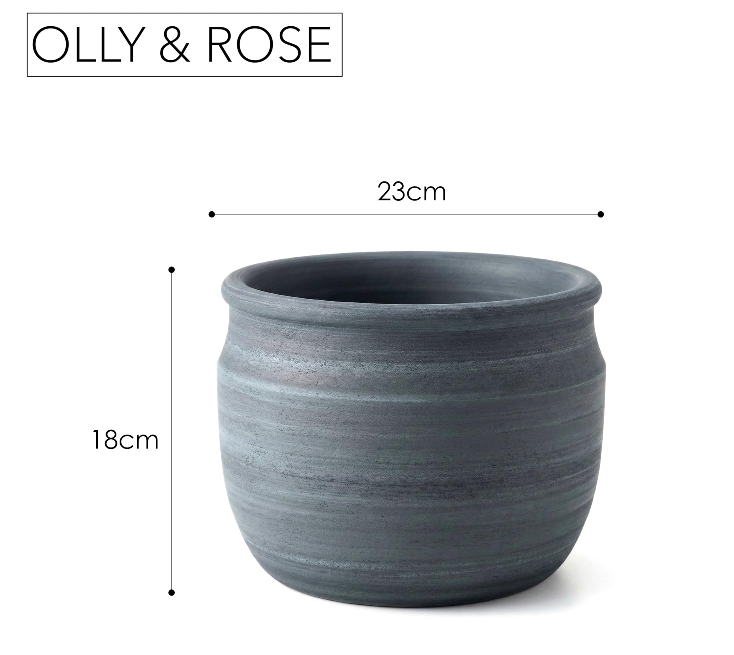 Olly & Rose Duża doniczka na rośliny ze szczotkowanego węgla drzewnego z terakoty szczotkowana – ceramiczna doniczka na rośliny 23 cm do użytku na zewnątrz i wewnątrz do domu i ogrodu