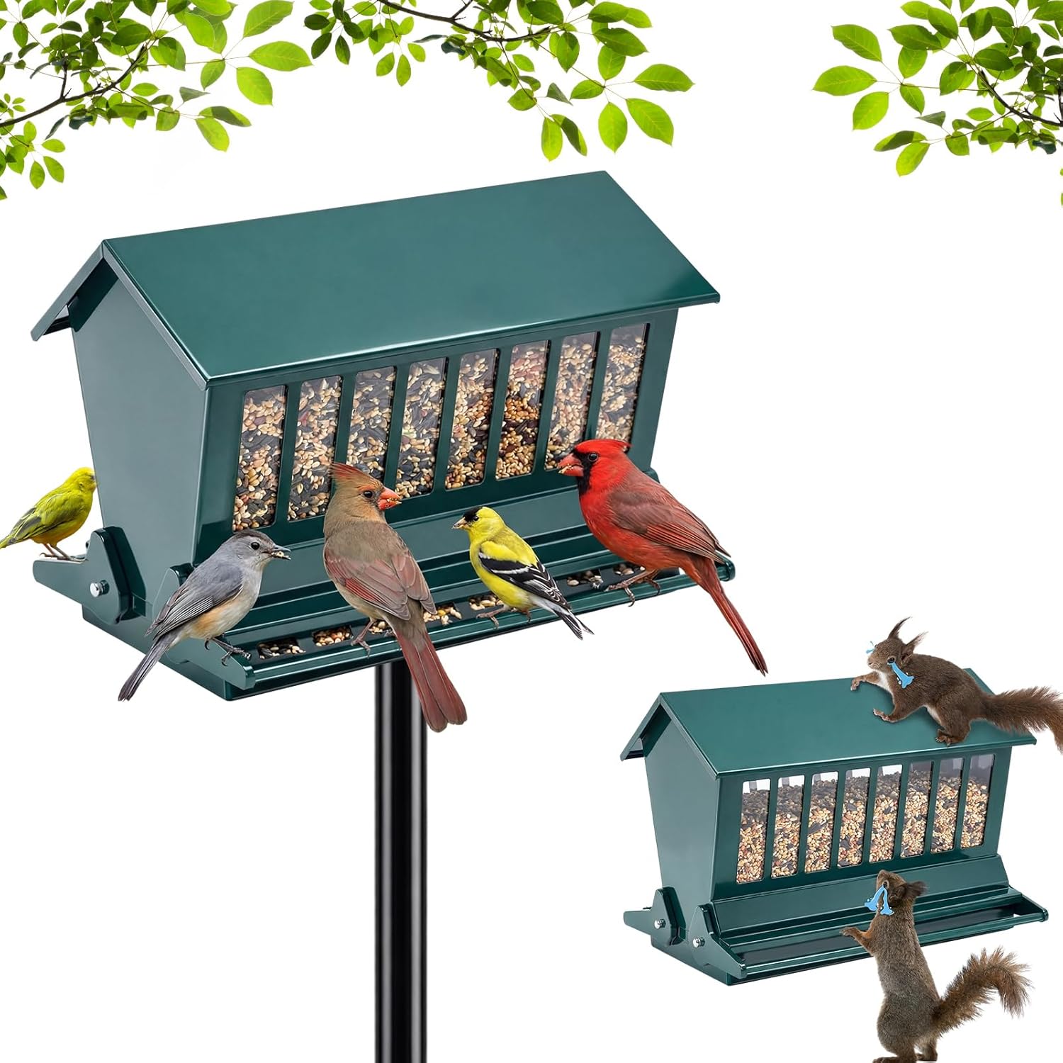 Zonon Squirrel Proof Bird Feeder Metal 12lbs Large Capacity for Cardinals Chickadees Green Bird Feeder on Pole for Outdoors