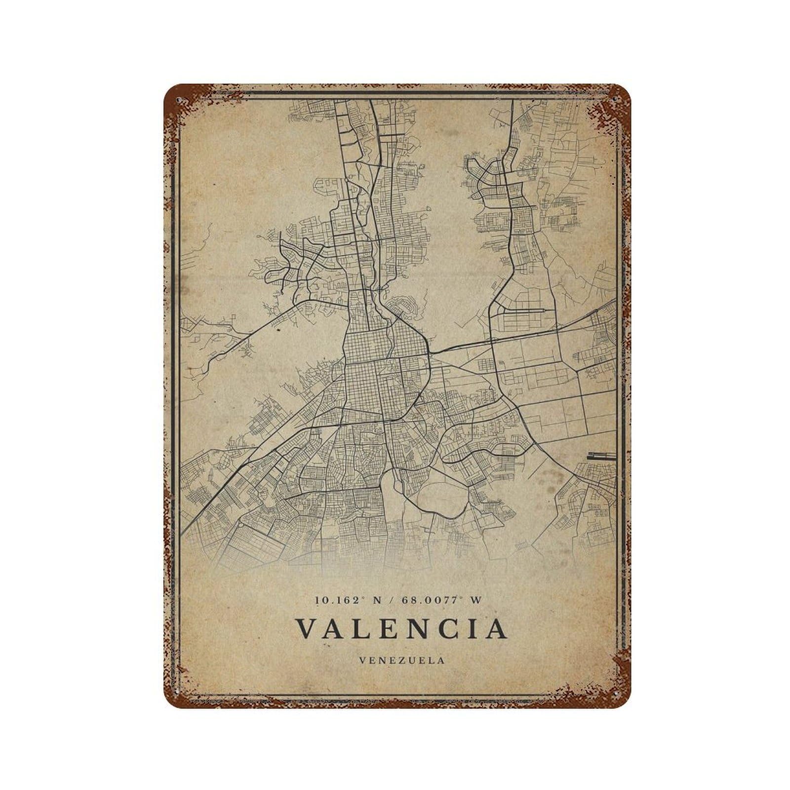 xiaoxiaoshen Valencia Vintage Map Print, Valencia Retro Map Wall Decor Art Metal Tin Poster Modern Home Decor Art Home Bar Shop Decorations Vintage Sign 40x30cm