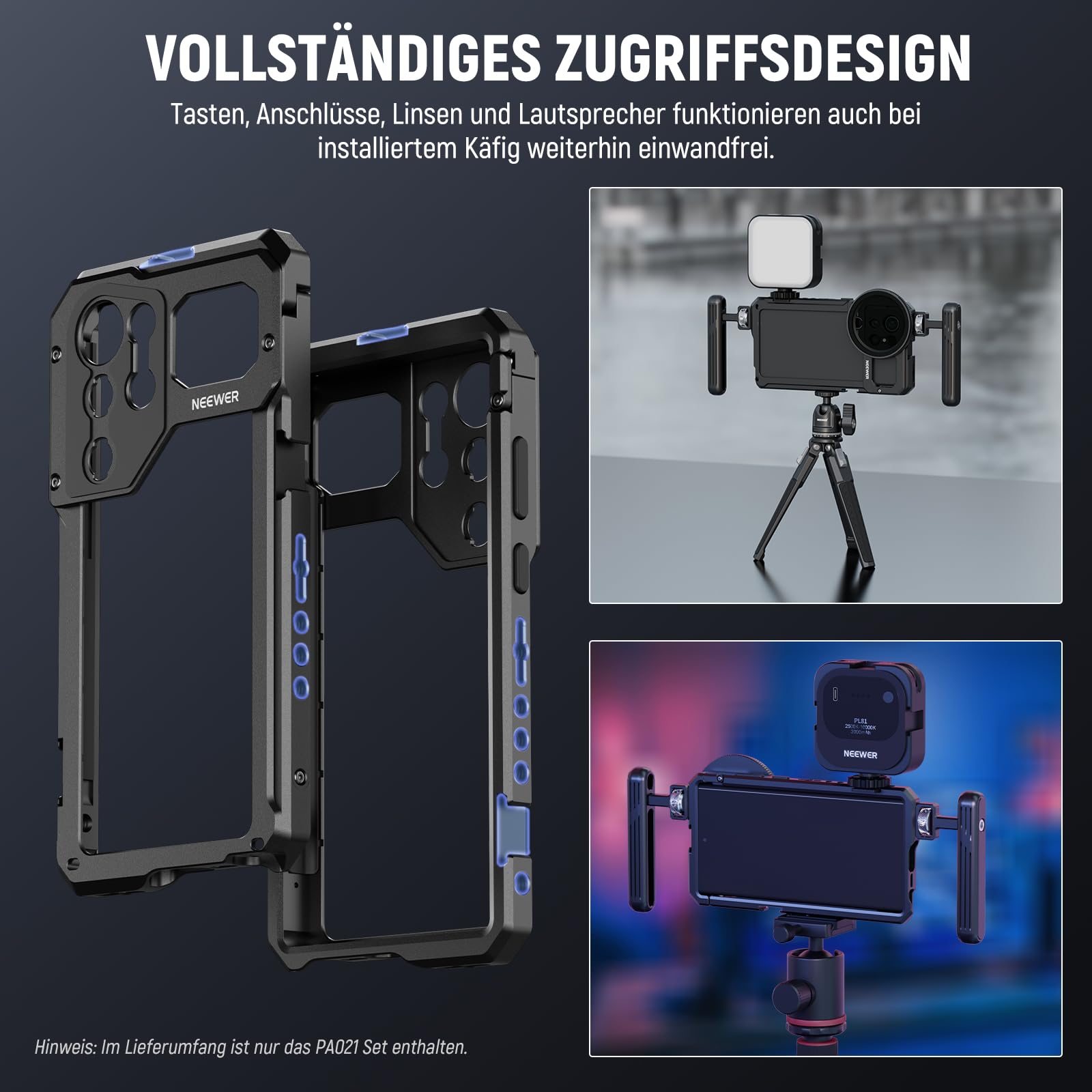NEEWER S23 Ultra Phone Käfig Cage Video Rig Kit kompatibel mit Samsung S23 Ultra mit Zwei seitlichen Griffen, 67mm Objektivfilter Gewindeadapter, Ganzmetall Handy Stabilisator für Filmen, PA021