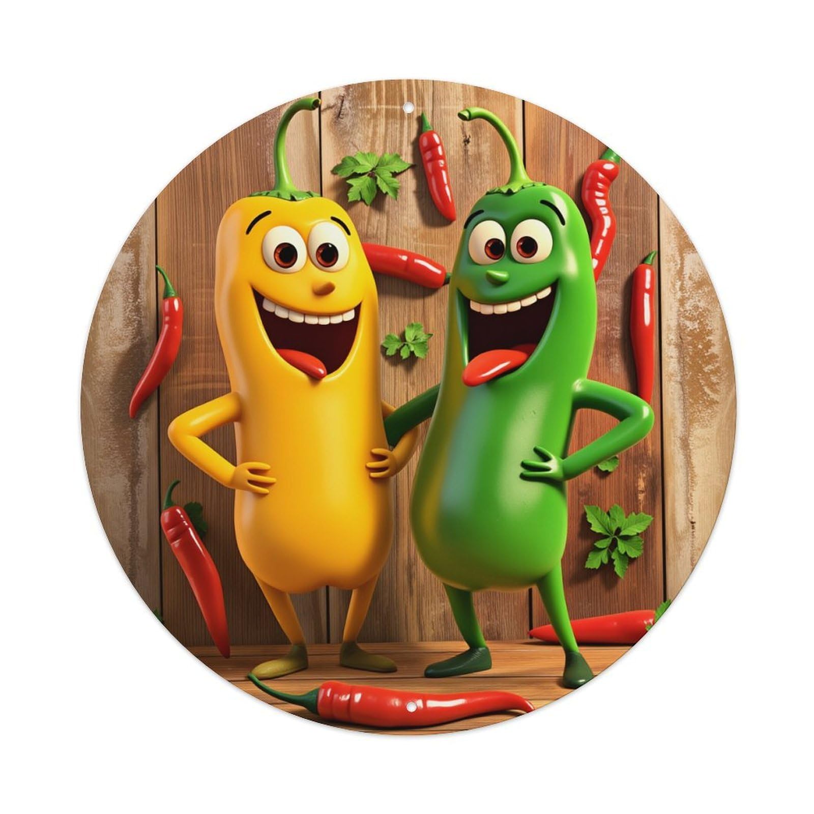 Cheerful Pepper Characters Standing Together Round Tin Sign Vintage Metal Poster, Home Bar Garage Man Cave Cafe Indoor & Outdoor Wall Decoration 8x8Inches