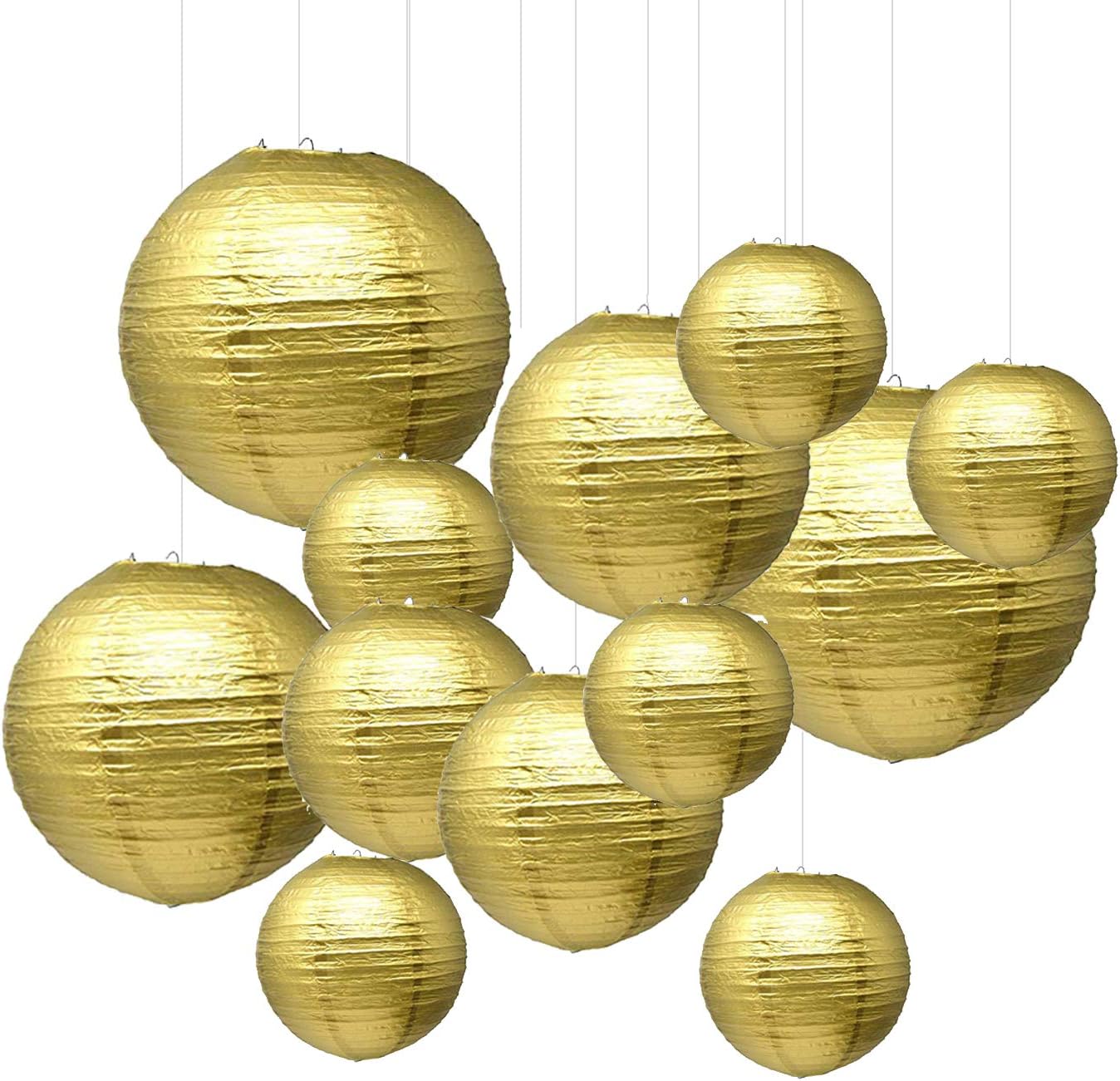 Sonnis Round Paper Lanterns 12inch 10inch 8inch 6inch Size for Birthday Wedding Christmas Party Decorations (1-Pack of 12) (Gold)