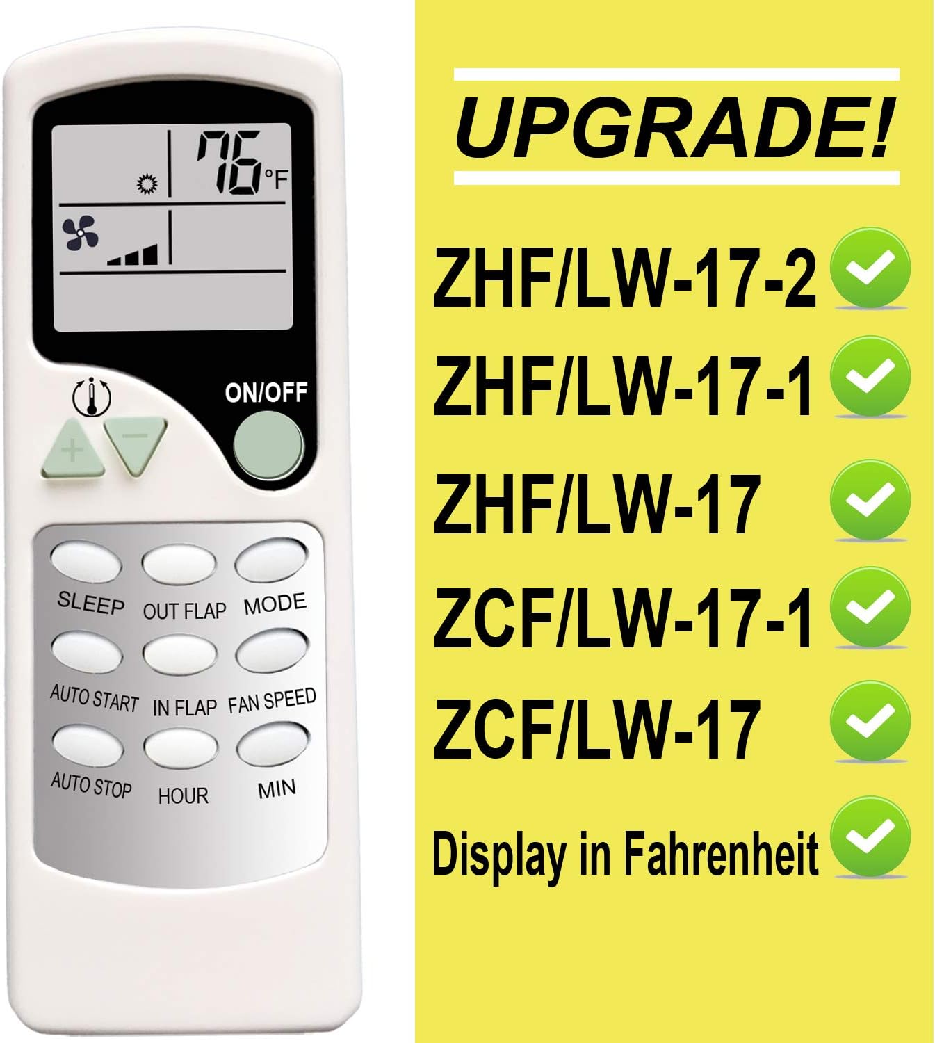 Replacement for Amcoraire HRRM Air Conditioner Remote Control Model Number: ZHF/LW-17-1 ZHF/LW-17 ZCF/LW-17-1 ZCF/LW-17 ZHF/LW-17-2