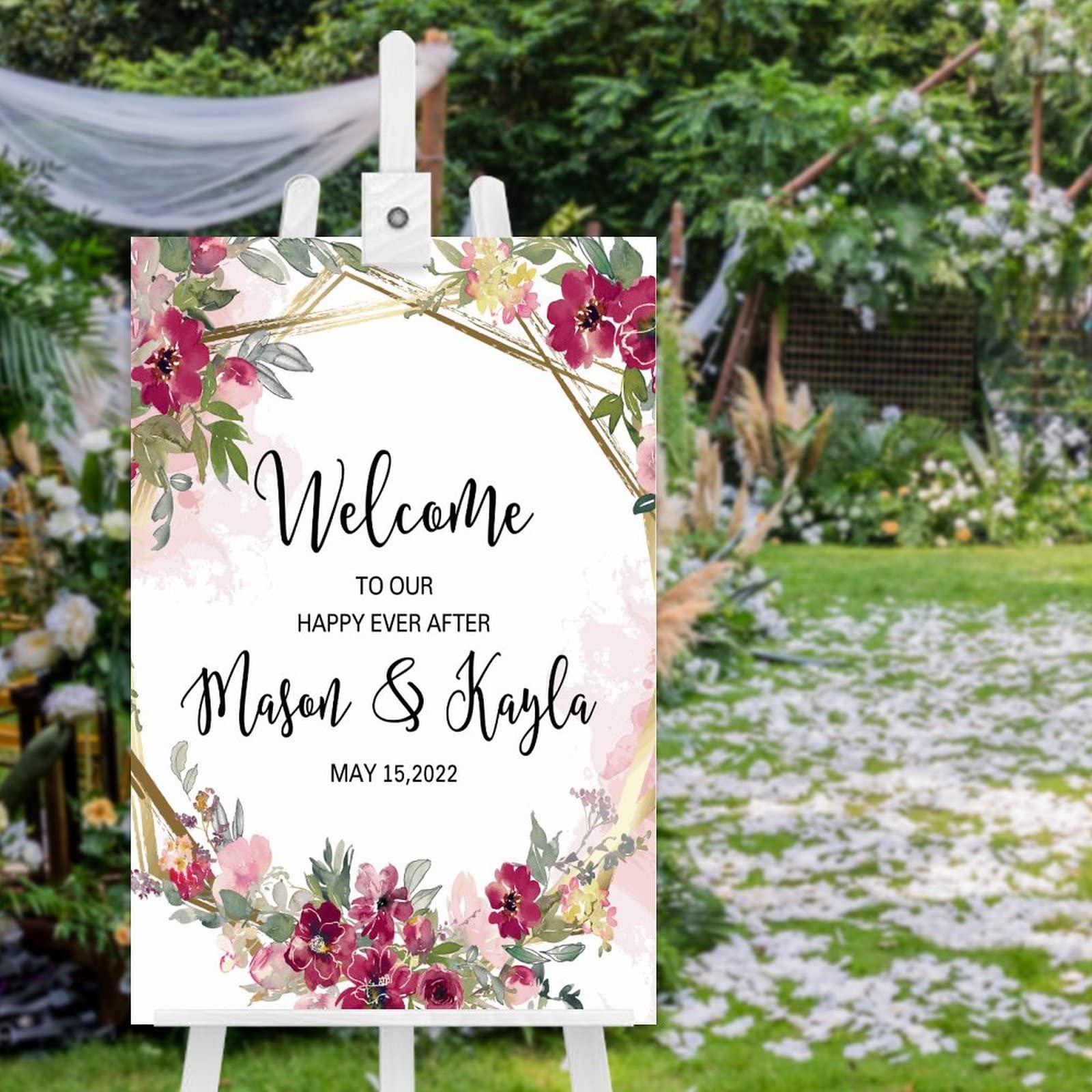 Panneau de bienvenue mariage Marsala Blush : affiche de réception en bois pour entrée de salle