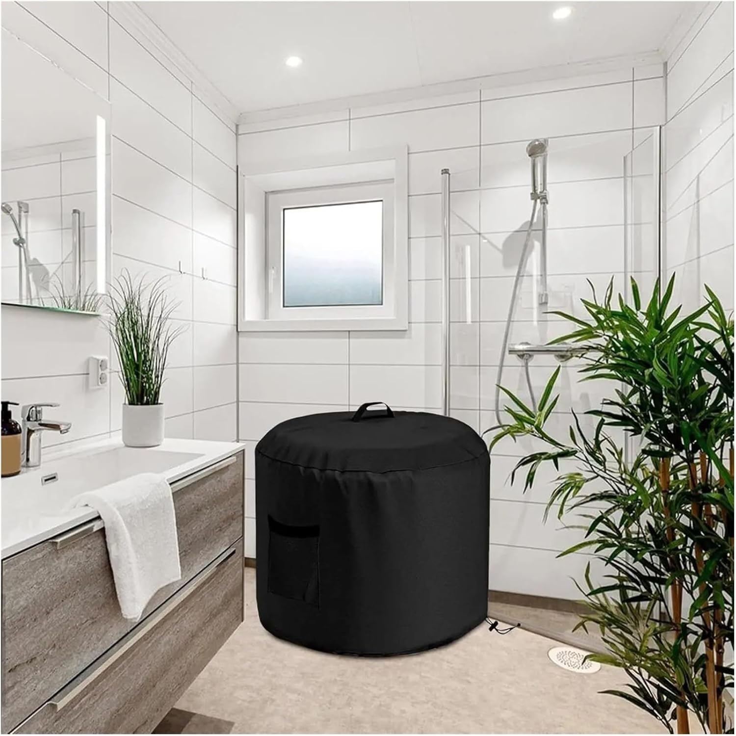 Fire Pit Cover Waterproof Round Dust Oxford Fabric Windproof Protector With Side Pocket For Rain Snow Debris(Medium)