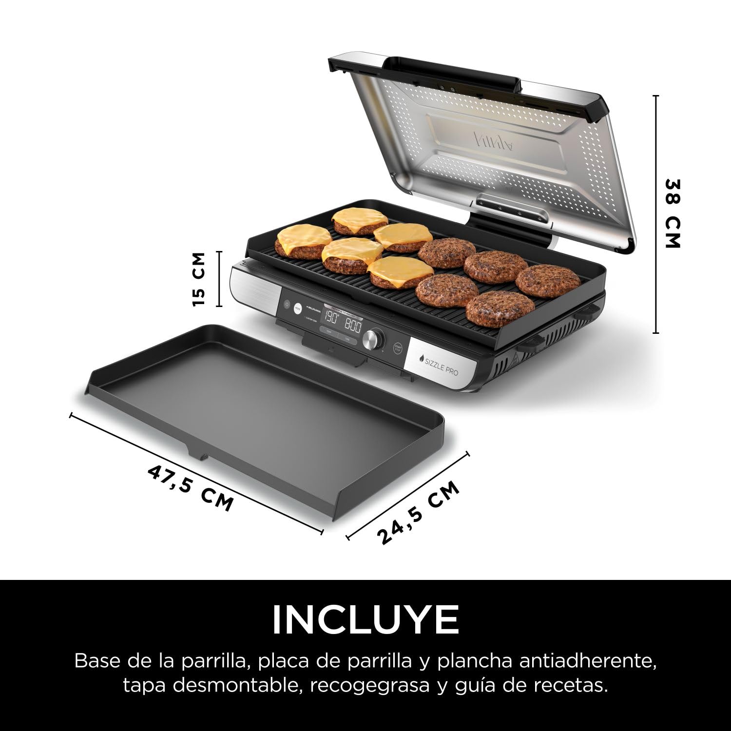 Ninja Sizzle Pro XL, Parrilla y Plancha para Interior, GX101EU | Con Placa de Parrilla y Plancha Cerámicas Antiadherentes, Tapa Desmontable, Recogegrasas y Guía de Recetas, Plateado/negro