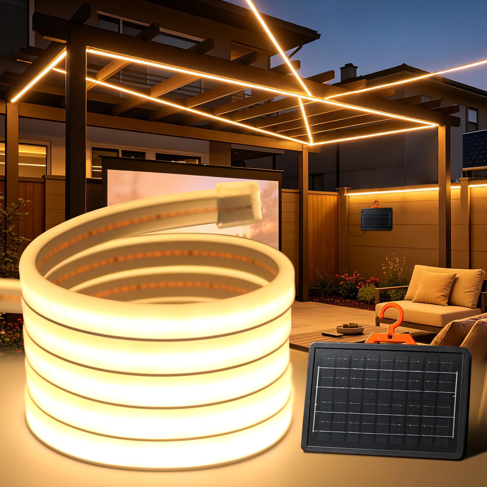 MIGUDA Solar LED Strip 24V, 8 Modes Outdoor Neon Strip Lights, Cuttable 5cm, 320LEDs/m Super Bright COB LED Band for Patio, Courtyard(Warm White,10M) — image 1