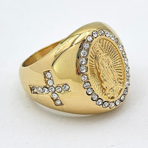 Miniatura 4 de JAJAFOOK Anillo religioso para hombre de Nuestra Señora de Guadalupe Virgen María con circonita cúbica y baño de oro, talla 7-13