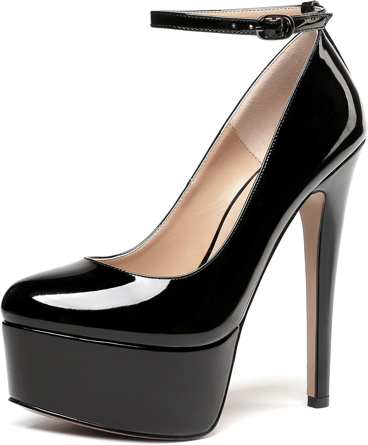 WAYDERNS Women's Round Toe Patent Platform Ankle Strap Stiletto Super High Heel Pumps Shoes 6 Inch