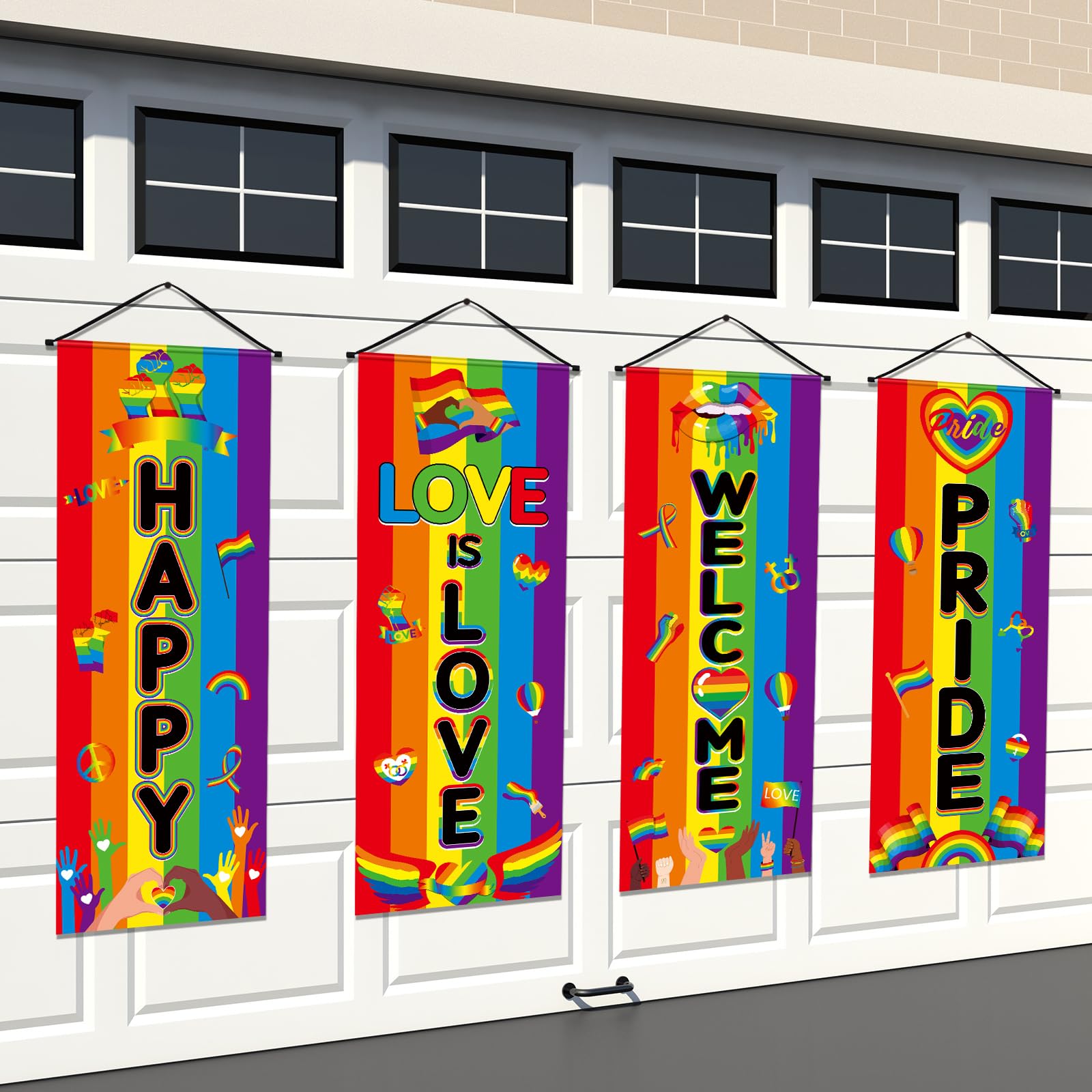 Panelee 4 Pcs Happy Pride Porch Banner Rainbow Gay Pride Month Decoration LGBT Love is Love Front Door Sign Wall Indoor Outdoor Hanging Decoration