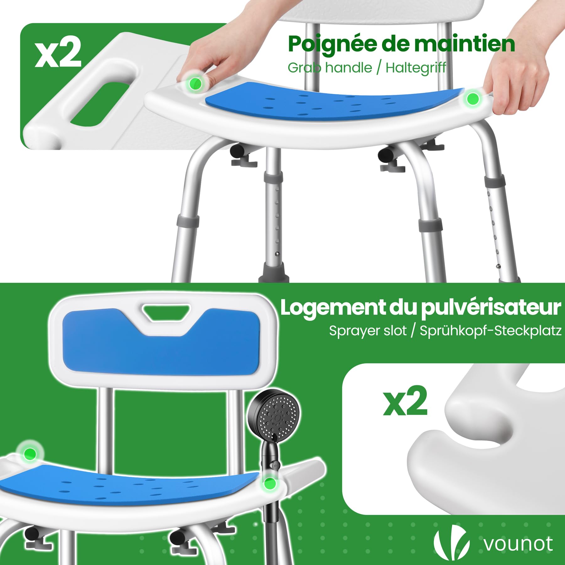 VOUNOT Duschstuhl mit Rückenlehne, ergonomischer Duschhocker für Senioren, höhenverstellbar 70–83cm, Stabil rutschfest Badhocker Duschsitz mit Brausehalterung, belastbar bis 136 kg, Blau