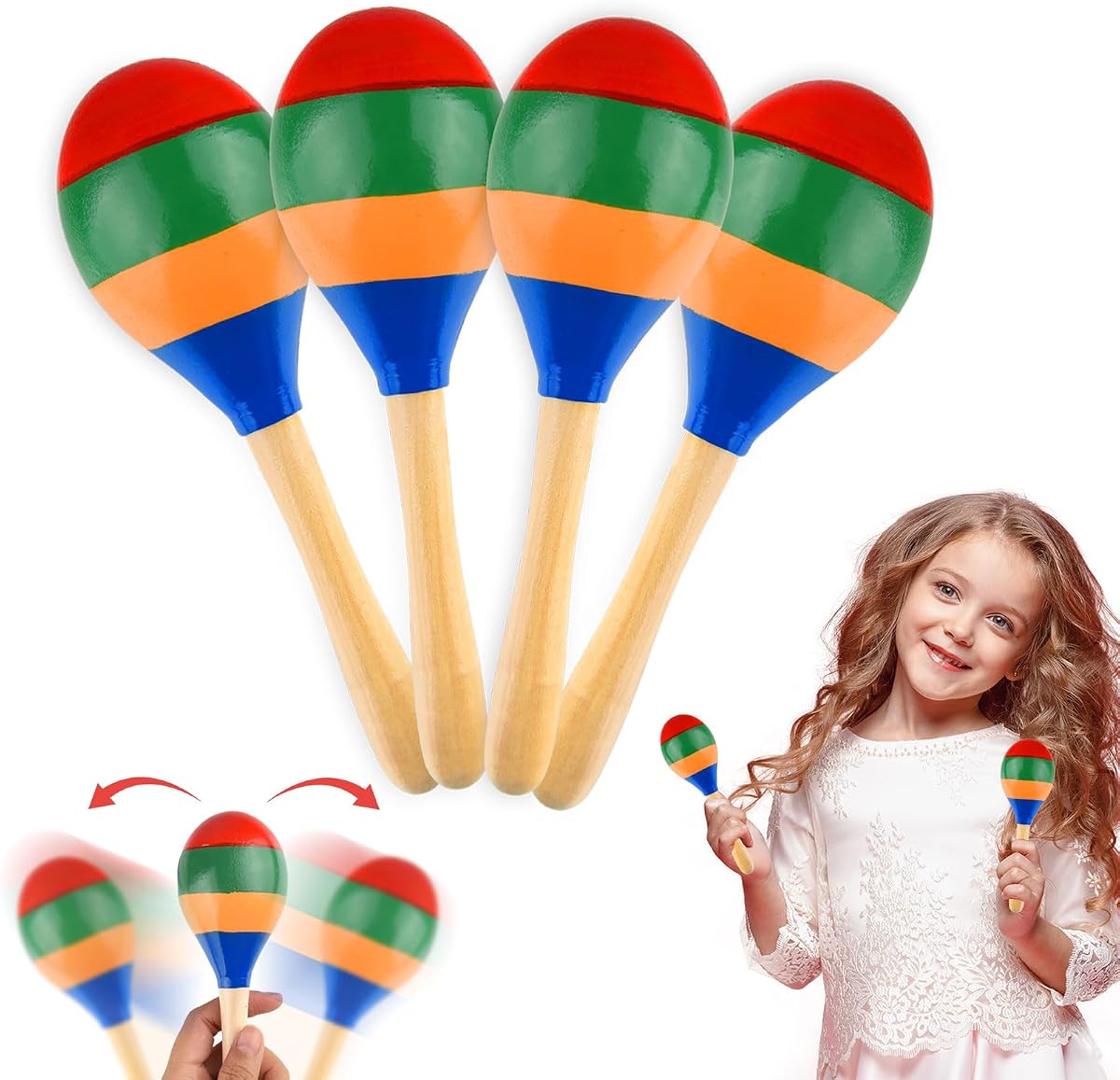2 Pcs Maracas Hand Percussion Rattles, PLULON Colorful Wooden Maracas Rumba Shakers Rattle Latin Musical Instrument for Kids Adults Game Playing, Mexican Fiesta Cinco De Mayo Party Favors Supplies