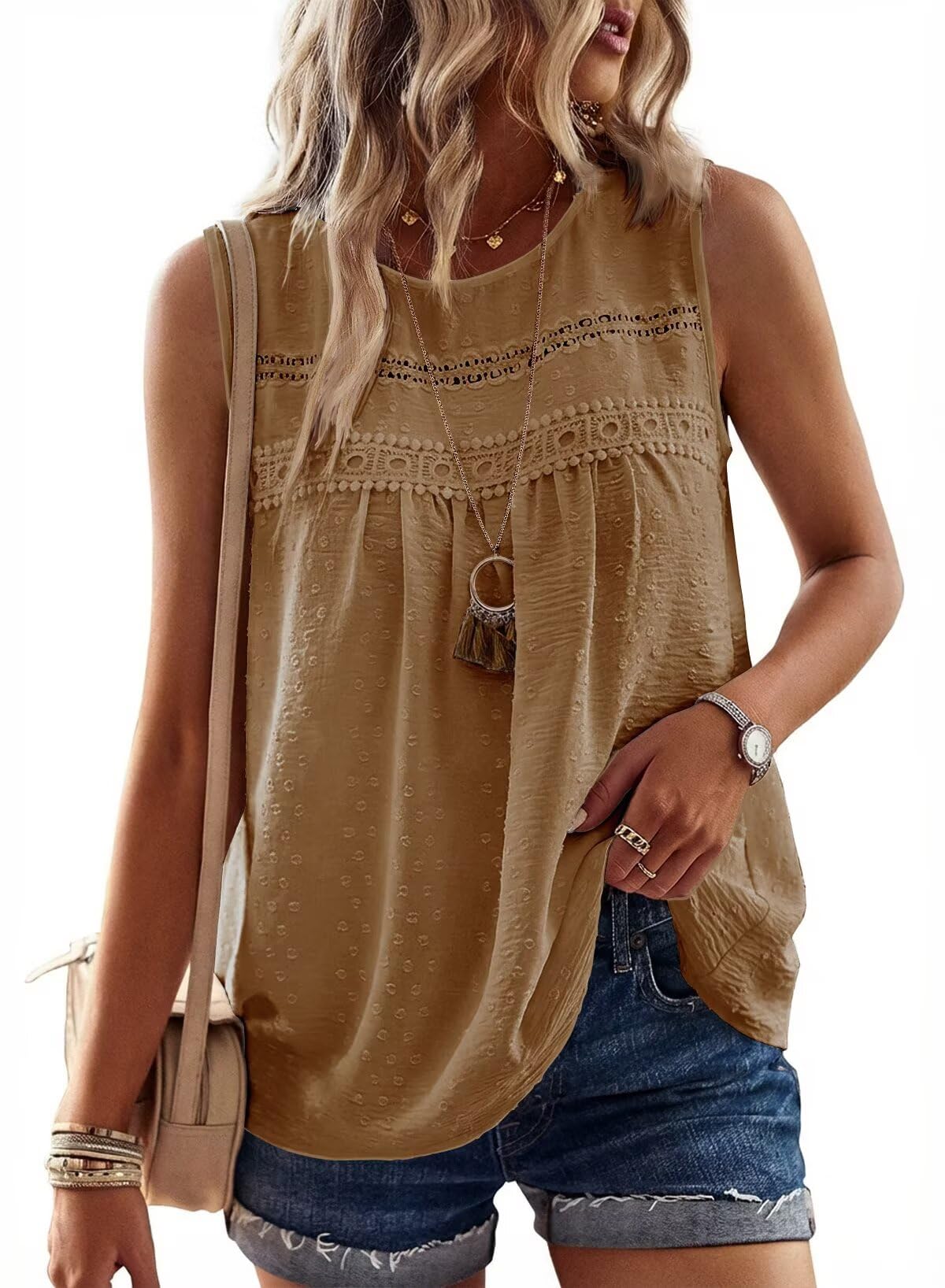 Falechay Tank Tops for Women Flowy Boho Cute Swiss Dots Sleeveless Shirts | Crewneck Loose Fit Summer Blouses, Daily Casual, Hide Belly Fat, Cute Lace Hem Ladies Tunic, Babydoll Crochet Trendy Clothes