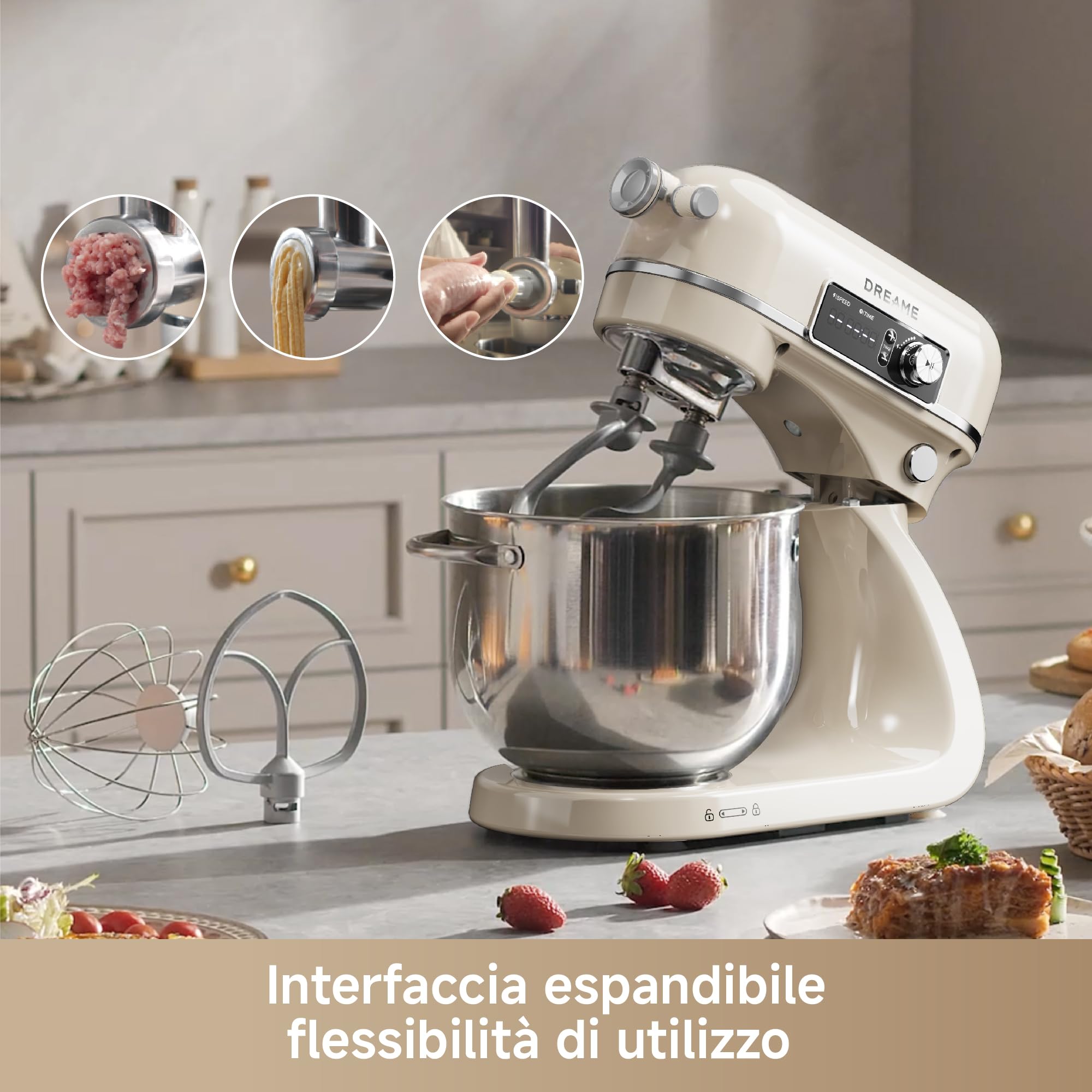 DREAME BioKnead Impastatrice Planetaria. Doppio Gancio Brevettato e Motore CC Silenzioso da 800 W con Ciotola da 6 L, Display Digitale, 12 Velocità e Numerosi Accessori per Ogni Attività, Bianco