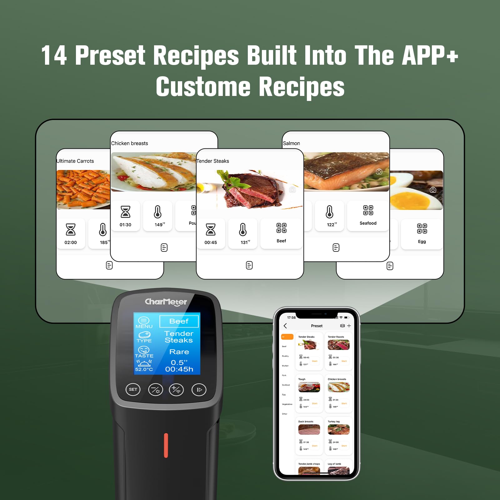 2,4 g Wifi Sous Vide Cooker CharMeter Sous Vide Machine CSV-100-W, 1000 vatios Sous-Vide Cooker Control de aplicación con 14 recetas preestablecidas, función de calibración, calentamiento rápido con