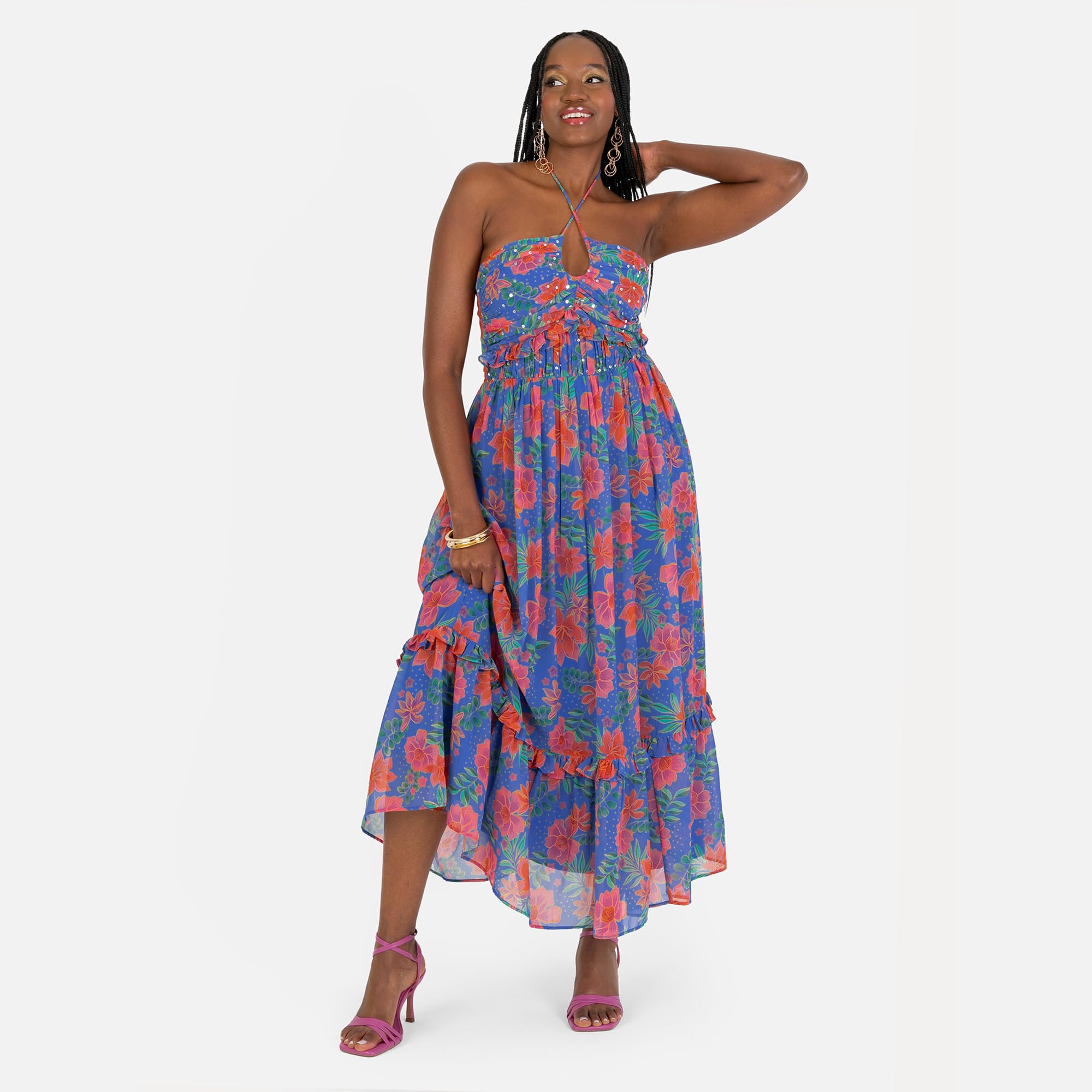 Anaya with Love Midaxi-Vestito a Maniche Corte, con Stampa Floreale, con Paillettes e Orlo, Blu Cobalto, 54 Donna