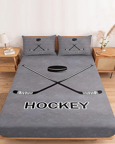 Miniatura 1 de Juego de sábanas bajeras de tamaño Queen con palo de hockey y pelota en bolsillo profundo, sábanas y fundas de almohada suaves para decoración de